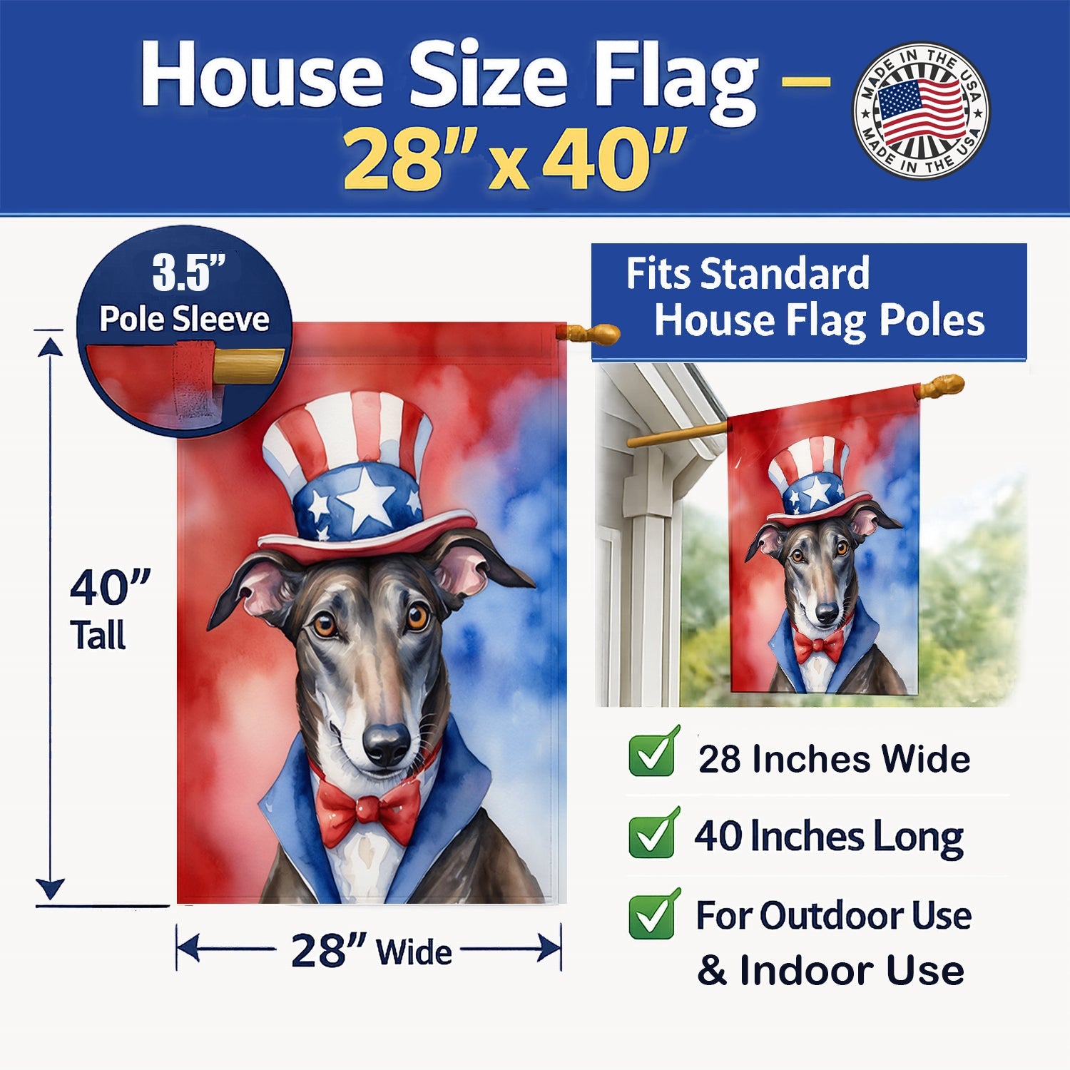 Greyhound Patriotic American House Flag 28x40 Porch Sleeve Pole Decorative Outside Yard Banner Artwork Wall Hanging, Polyester