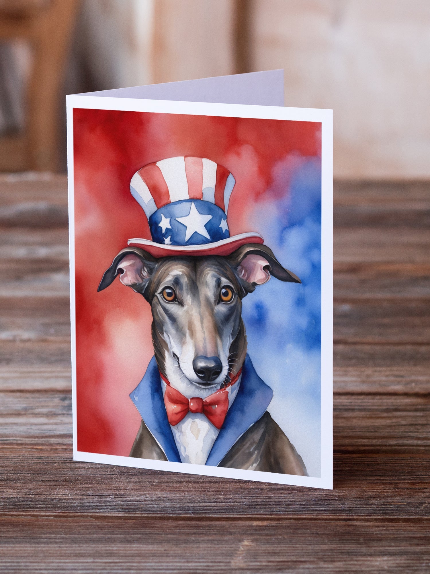 Greyhound Patriotic American Greeting Cards Pack of 8 Blank Cards with Envelopes Whimsical A7 Size 5x7
