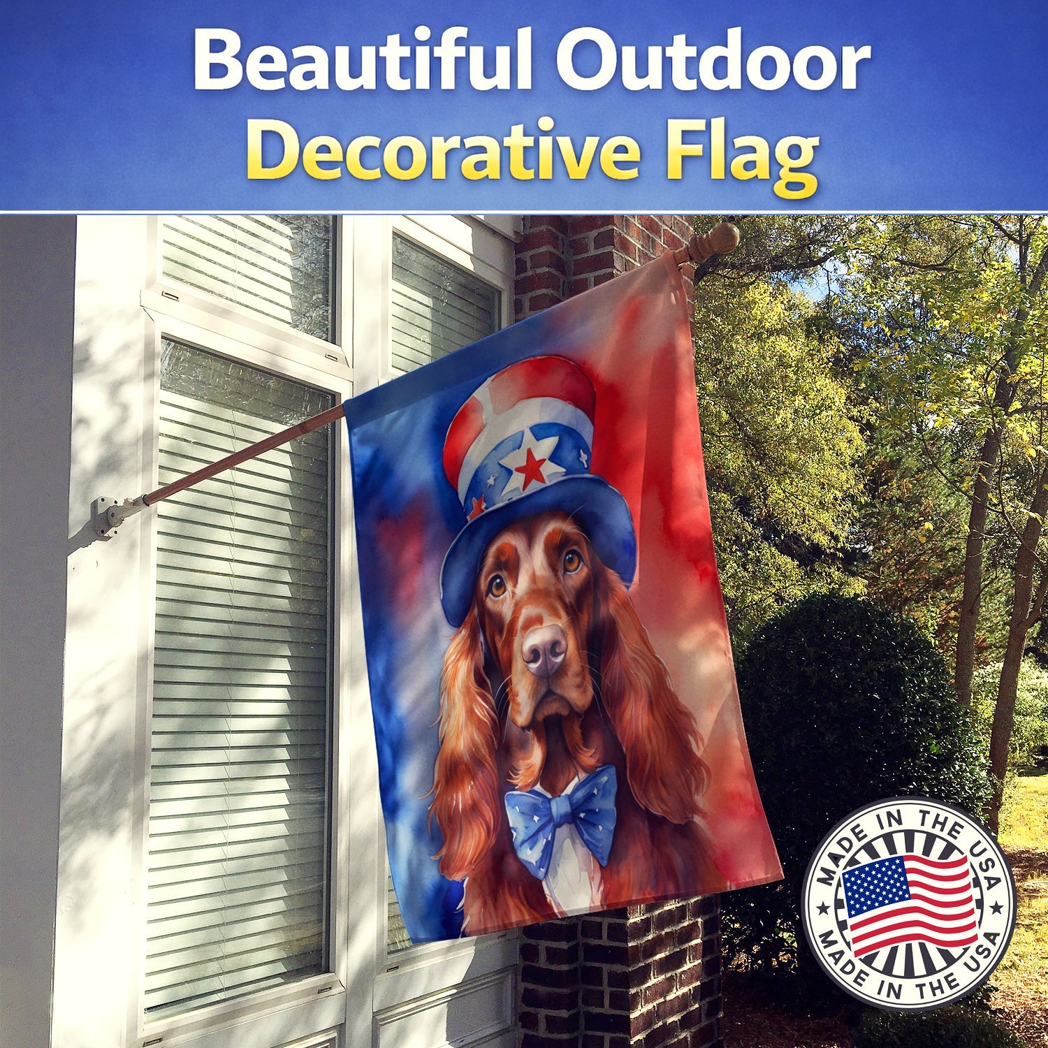 Irish Setter Patriotic American House Flag 28x40 Porch Sleeve Pole Decorative Outside Yard Banner Artwork Wall Hanging, Polyester