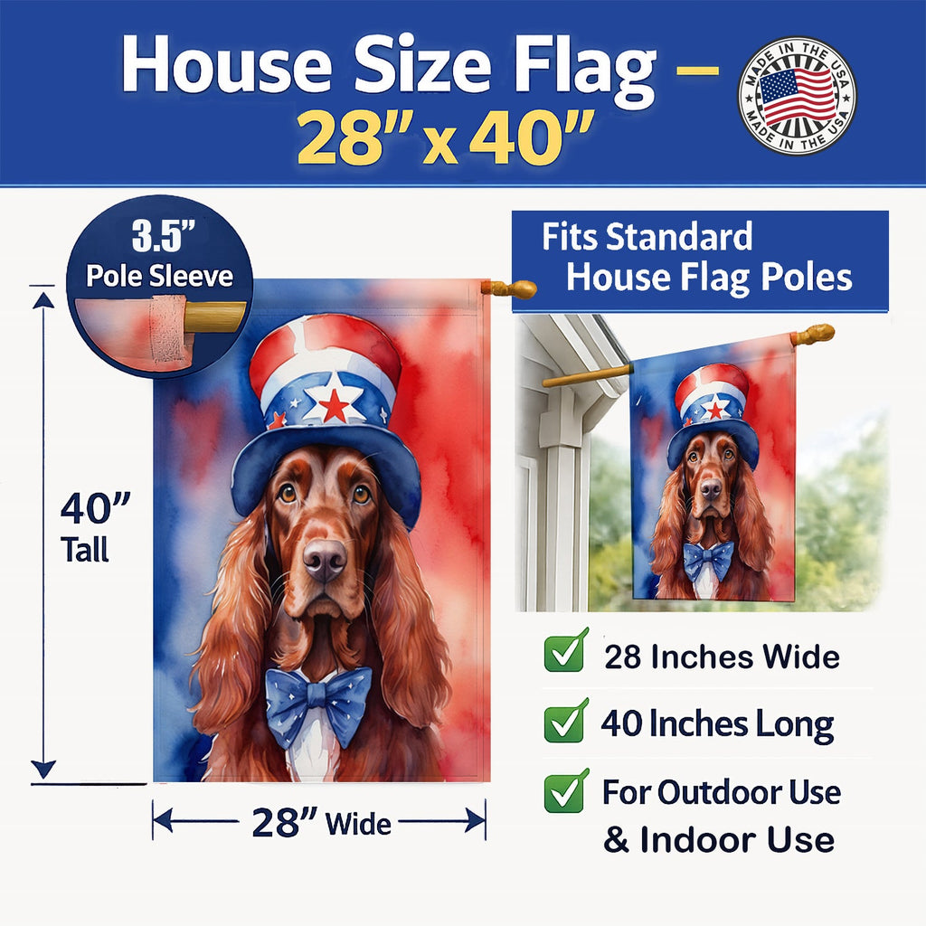 Irish Setter Patriotic American House Flag 28x40 Porch Sleeve Pole Decorative Outside Yard Banner Artwork Wall Hanging, Polyester
