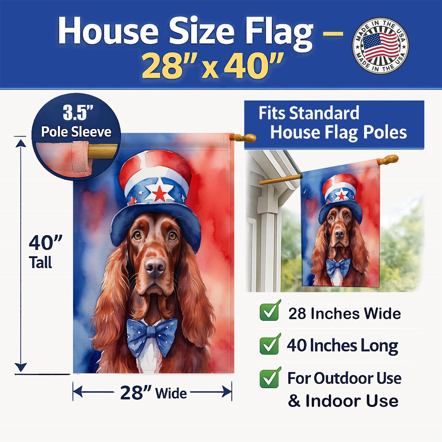Irish Setter Patriotic American House Flag 28x40 Porch Sleeve Pole Decorative Outside Yard Banner Artwork Wall Hanging, Polyester