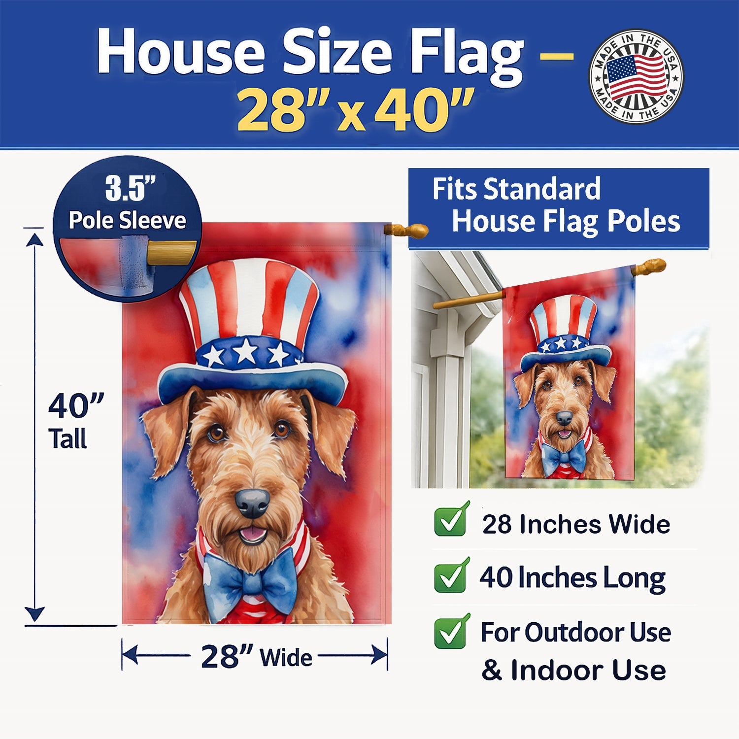Irish Terrier Patriotic American House Flag 28x40 Porch Sleeve Pole Decorative Outside Yard Banner Artwork Wall Hanging, Polyester