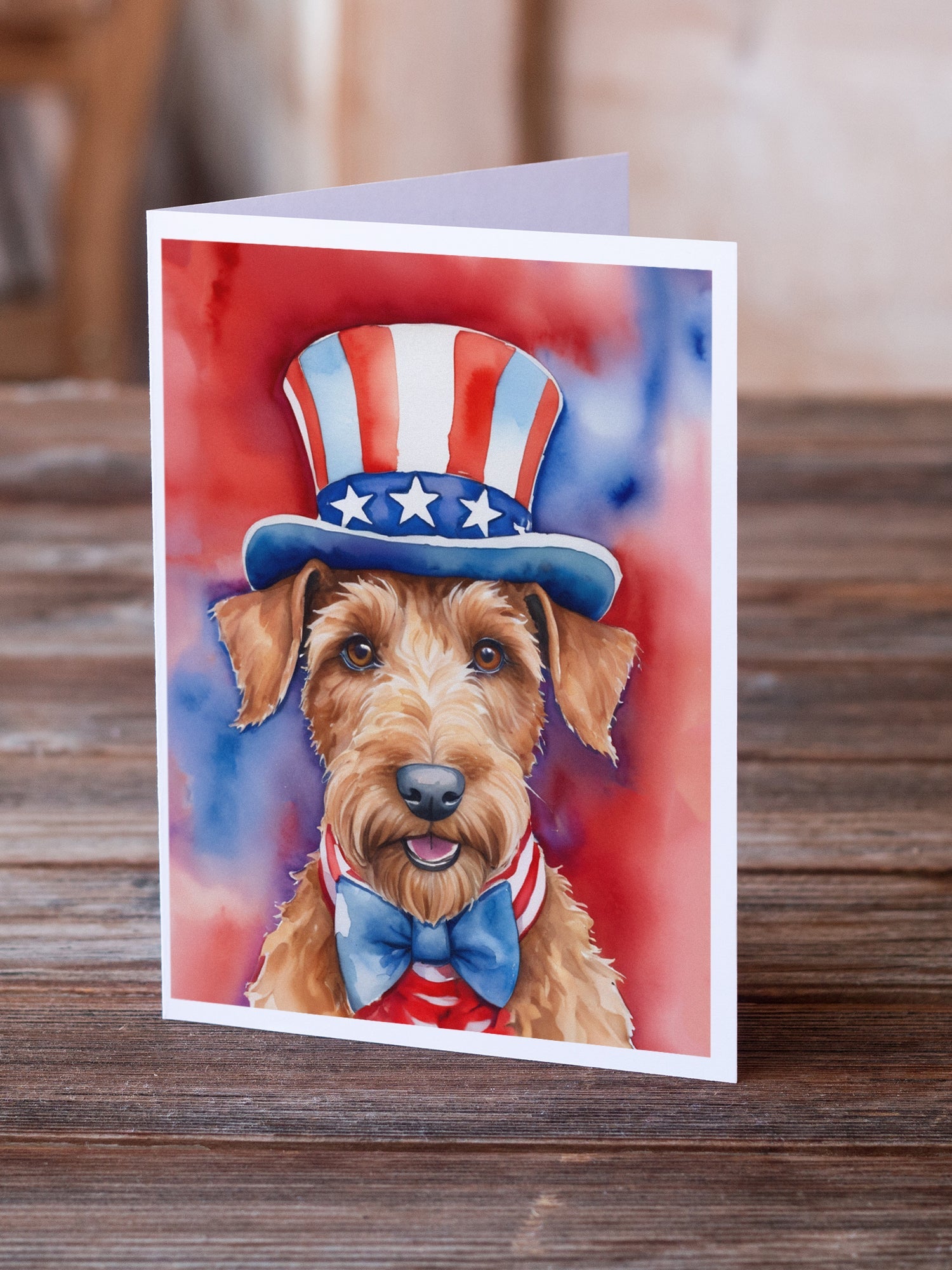 Irish Terrier Patriotic American Greeting Cards Pack of 8 Blank Cards with Envelopes Whimsical A7 Size 5x7