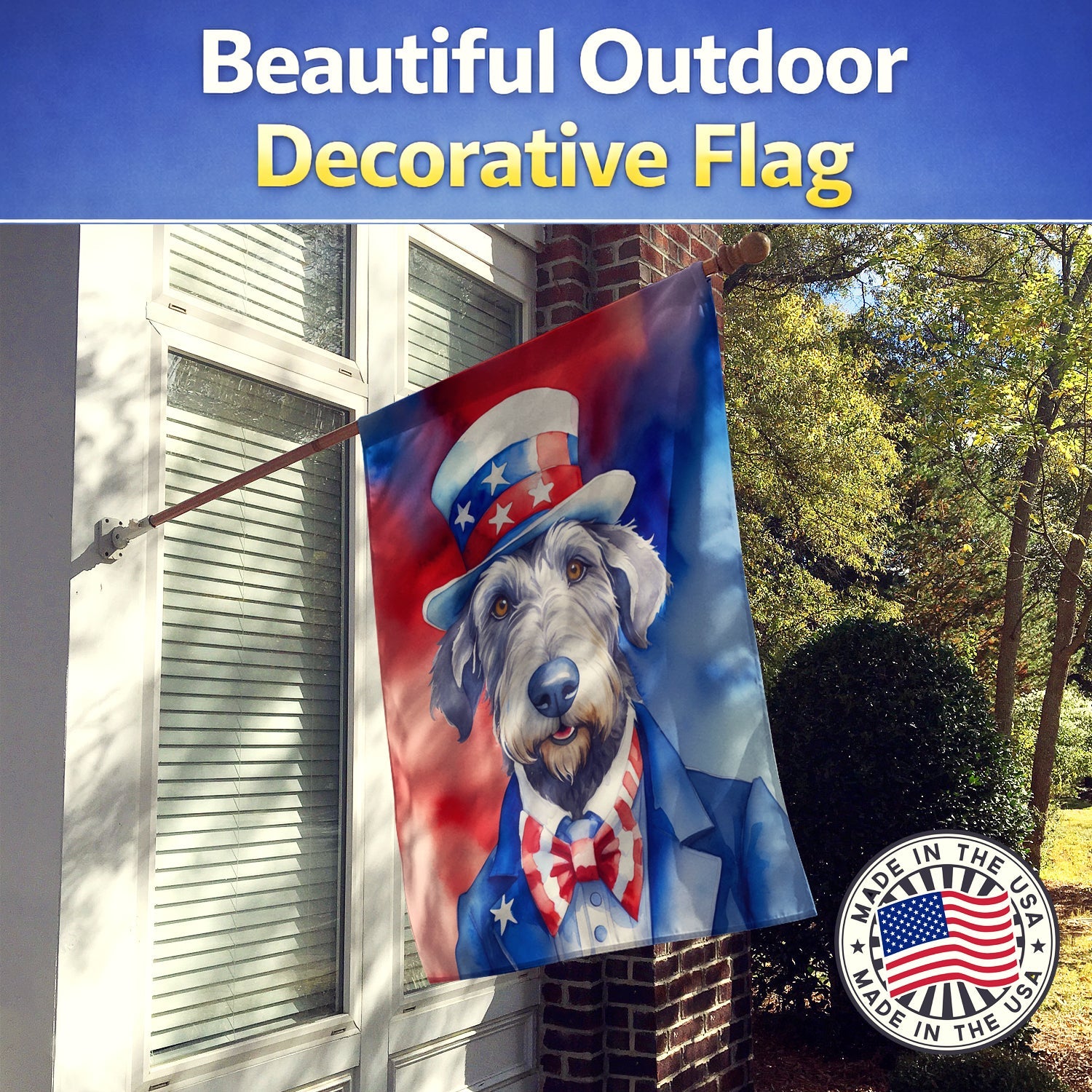 Irish Wolfhound Patriotic American House Flag 28x40 Porch Sleeve Pole Decorative Outside Yard Banner Artwork Wall Hanging, Polyester