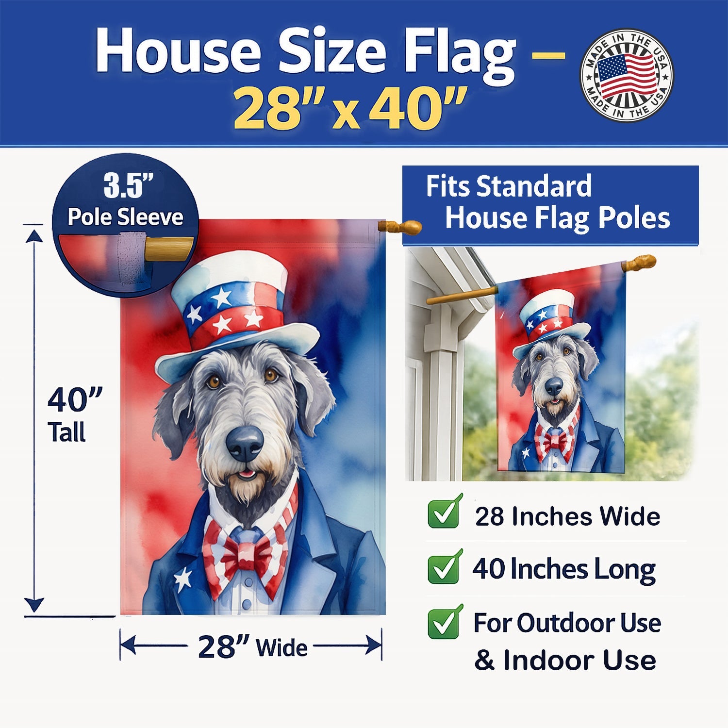 Irish Wolfhound Patriotic American House Flag 28x40 Porch Sleeve Pole Decorative Outside Yard Banner Artwork Wall Hanging, Polyester