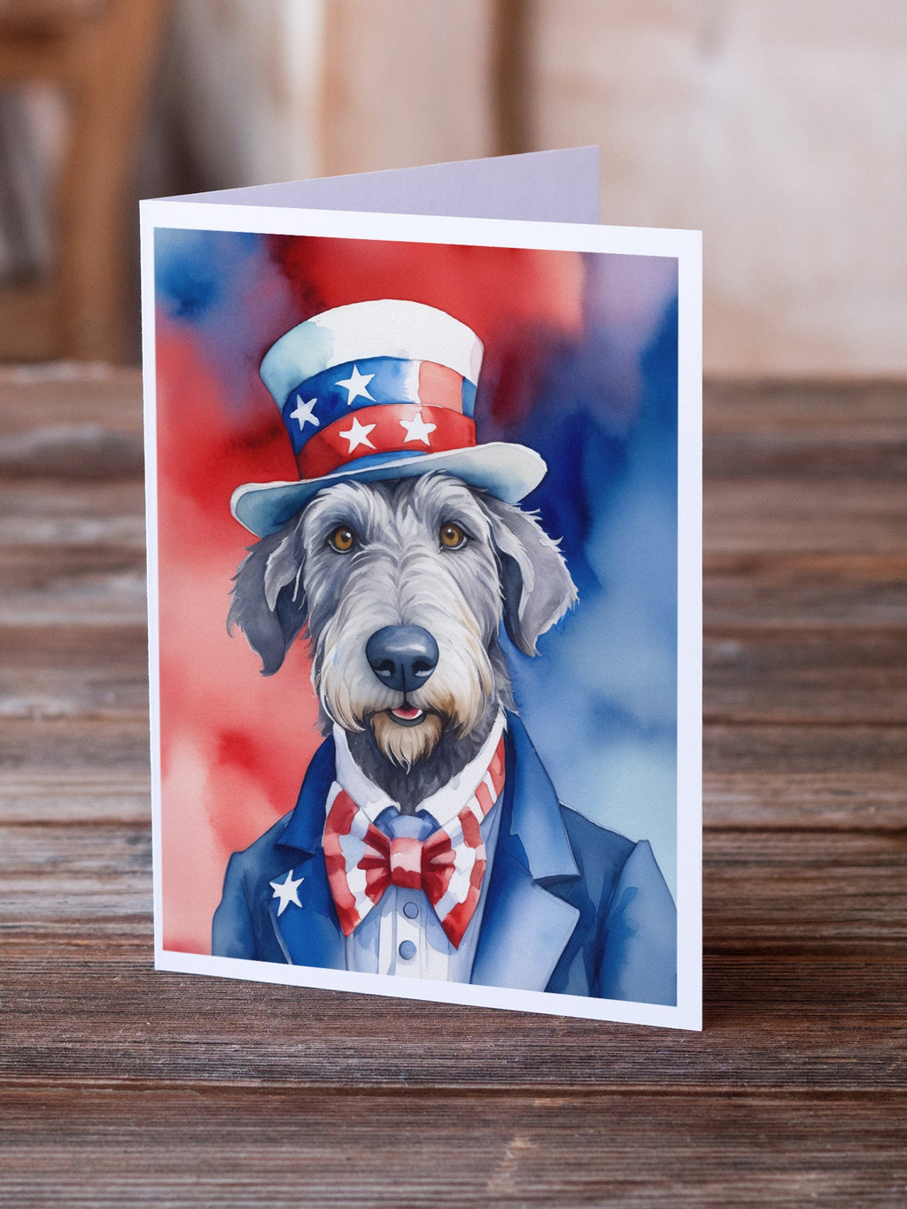Irish Wolfhound Patriotic American Greeting Cards Pack of 8 Blank Cards with Envelopes Whimsical A7 Size 5x7