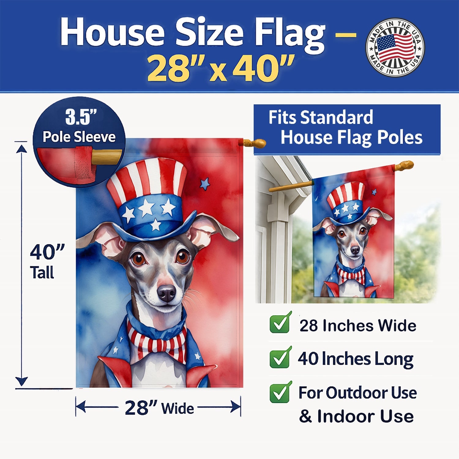 Italian Greyhound Patriotic American House Flag 28x40 Porch Sleeve Pole Decorative Outside Yard Banner Artwork Wall Hanging, Polyester