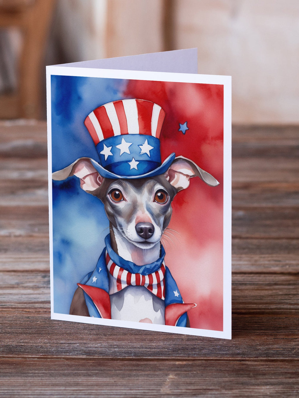 Italian Greyhound Patriotic American Greeting Cards Pack of 8 Blank Cards with Envelopes Whimsical A7 Size 5x7