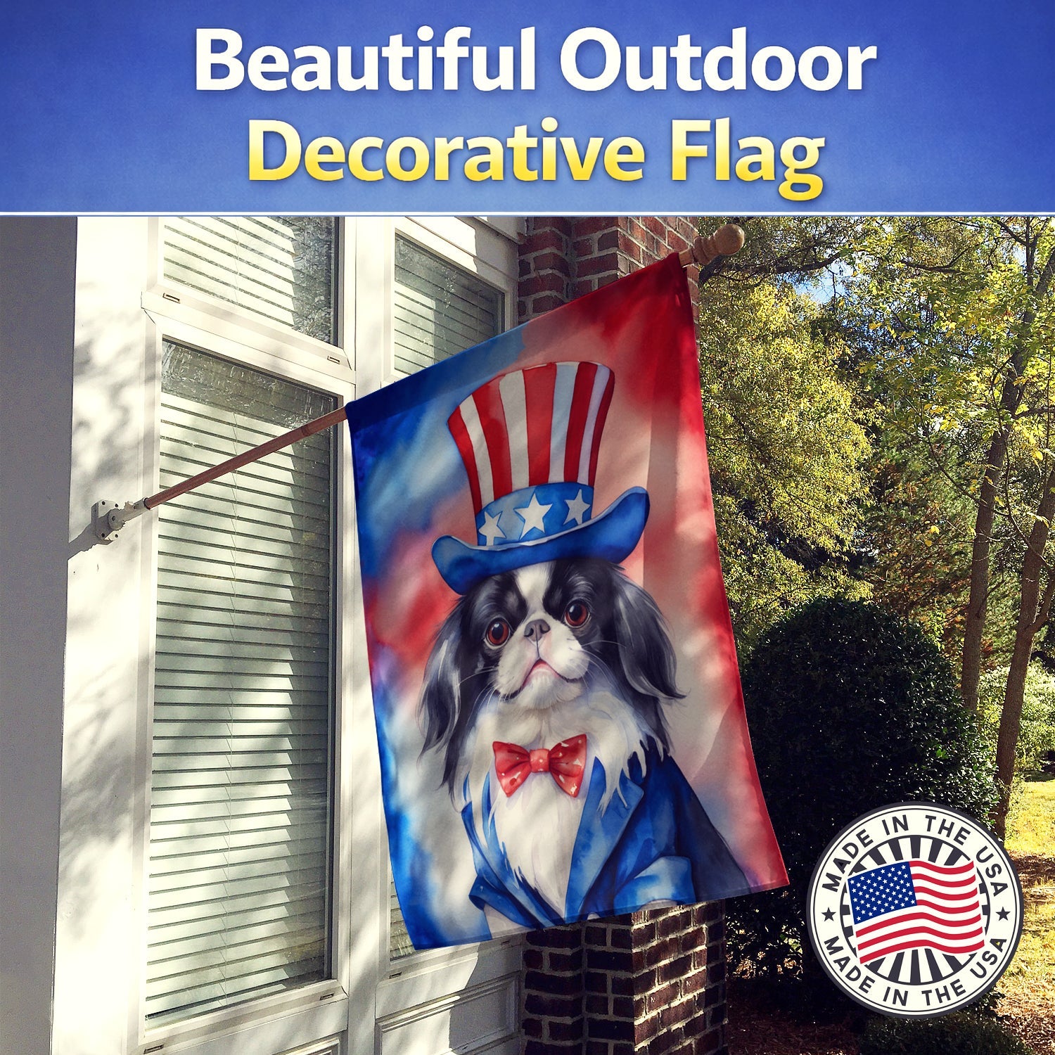 Japanese Chin Patriotic American House Flag 28x40 Porch Sleeve Pole Decorative Outside Yard Banner Artwork Wall Hanging, Polyester