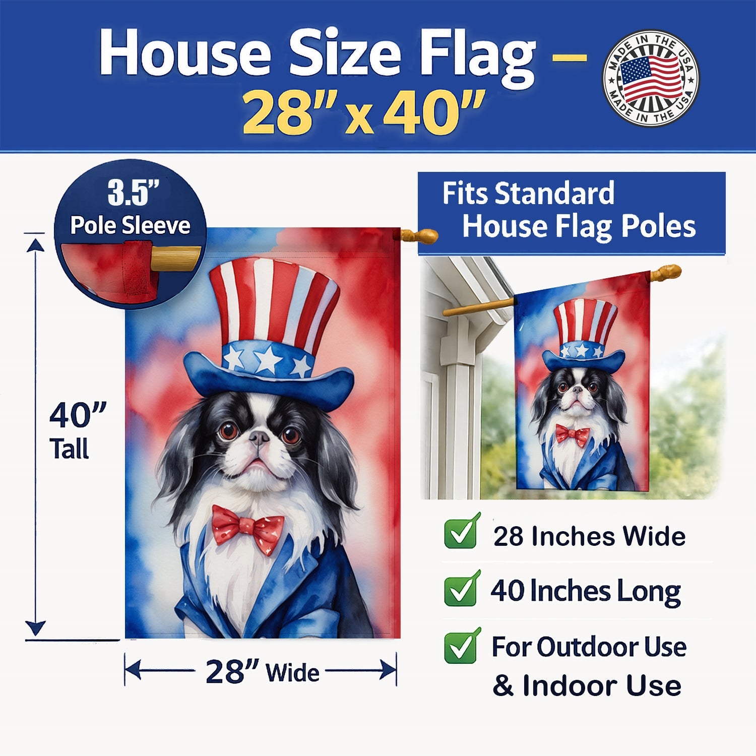 Japanese Chin Patriotic American House Flag 28x40 Porch Sleeve Pole Decorative Outside Yard Banner Artwork Wall Hanging, Polyester