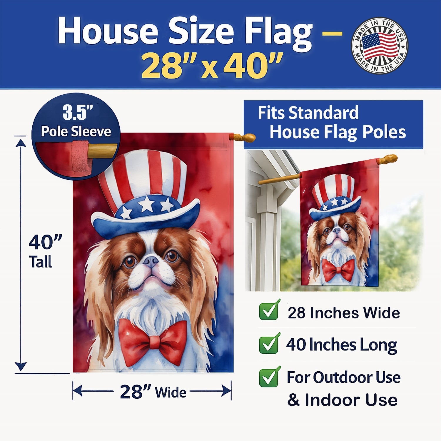 Japanese Chin Patriotic American House Flag 28x40 Porch Sleeve Pole Decorative Outside Yard Banner Artwork Wall Hanging, Polyester