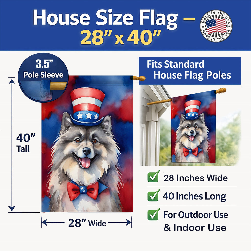 Keeshond Patriotic American House Flag 28x40 Porch Sleeve Pole Decorative Outside Yard Banner Artwork Wall Hanging, Polyester