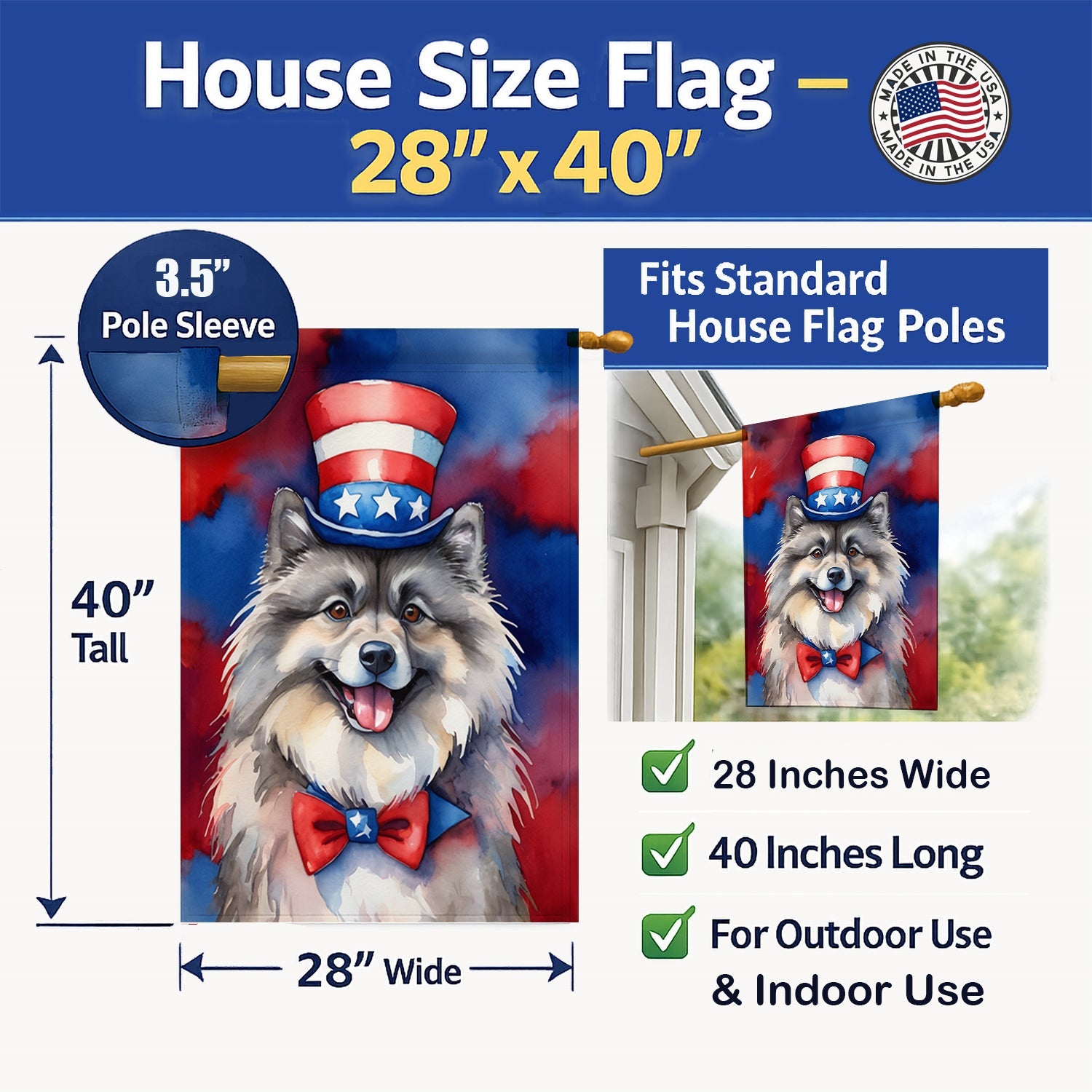 Keeshond Patriotic American House Flag 28x40 Porch Sleeve Pole Decorative Outside Yard Banner Artwork Wall Hanging, Polyester