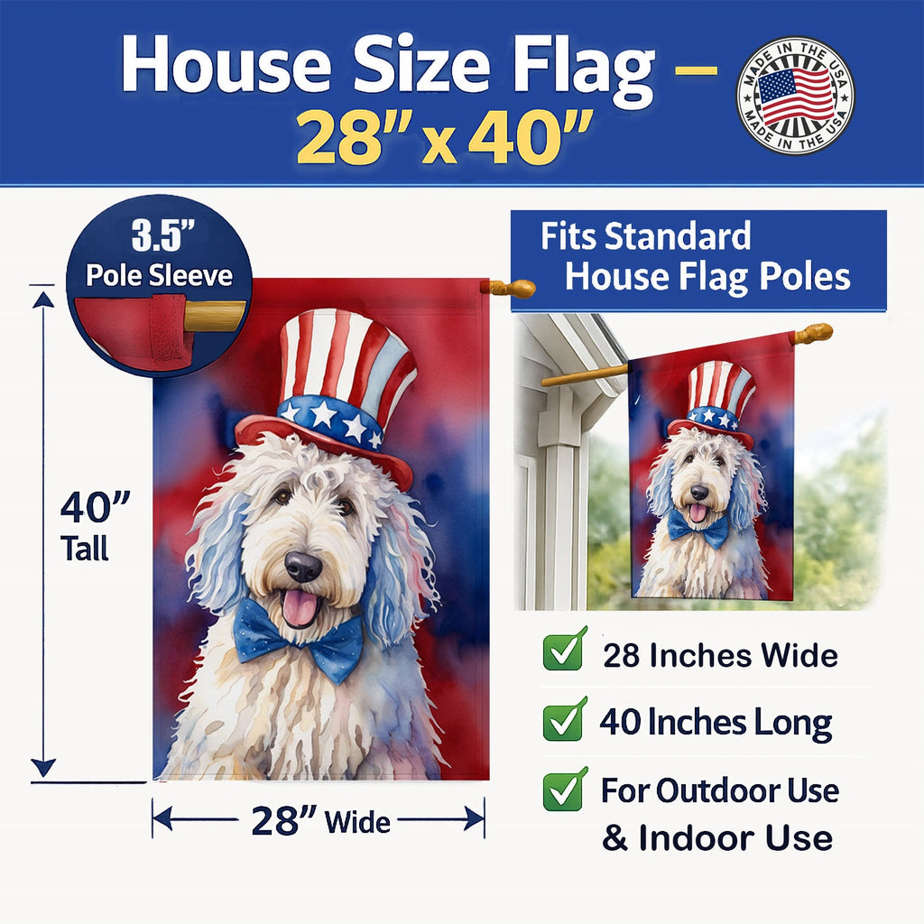 Komondor Patriotic American House Flag 28x40 Porch Sleeve Pole Decorative Outside Yard Banner Artwork Wall Hanging, Polyester