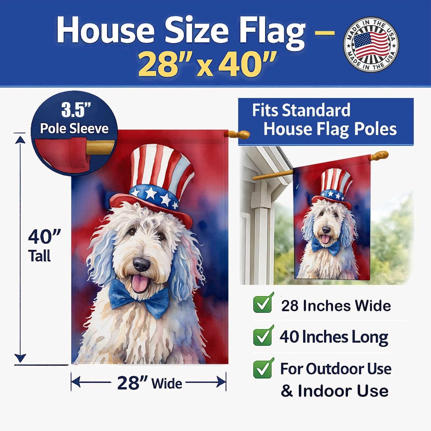 Komondor Patriotic American House Flag 28x40 Porch Sleeve Pole Decorative Outside Yard Banner Artwork Wall Hanging, Polyester