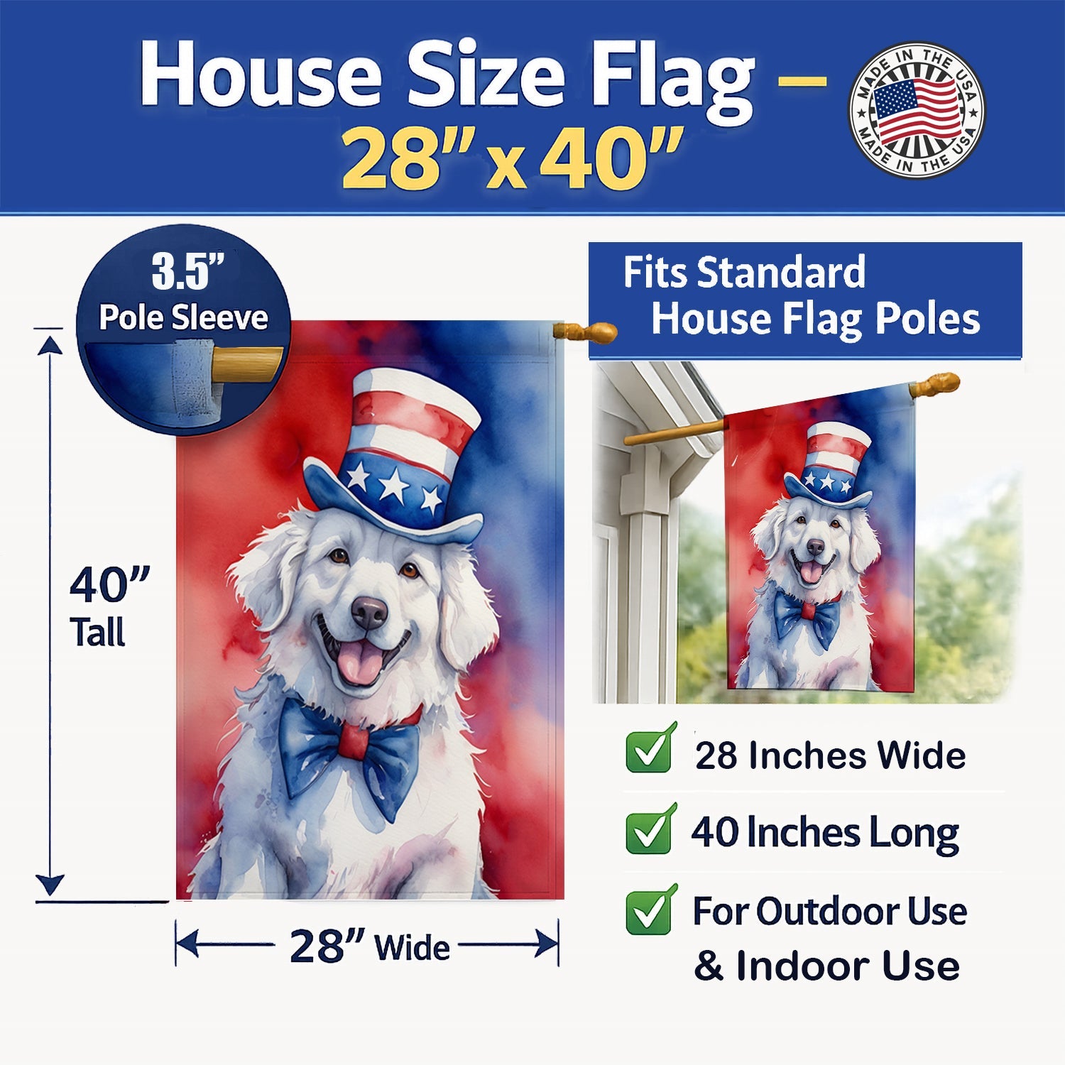 Kuvasz Patriotic American House Flag 28x40 Porch Sleeve Pole Decorative Outside Yard Banner Artwork Wall Hanging, Polyester