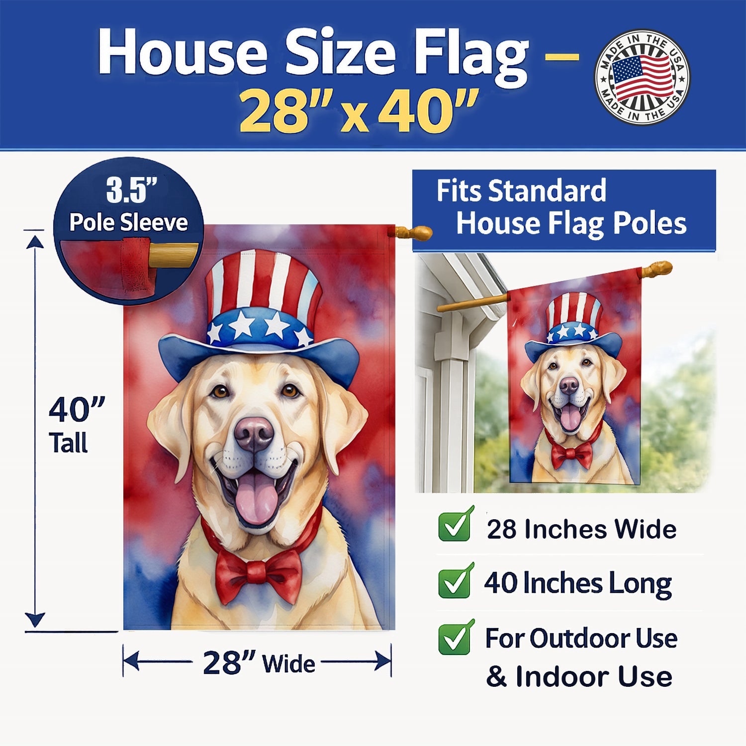 Labrador Retriever Patriotic American House Flag 28x40 Porch Sleeve Pole Decorative Outside Yard Banner Artwork Wall Hanging, Polyester
