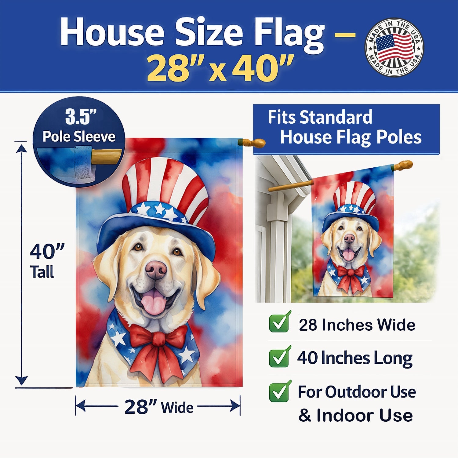 Labrador Retriever Patriotic American House Flag 28x40 Porch Sleeve Pole Decorative Outside Yard Banner Artwork Wall Hanging, Polyester