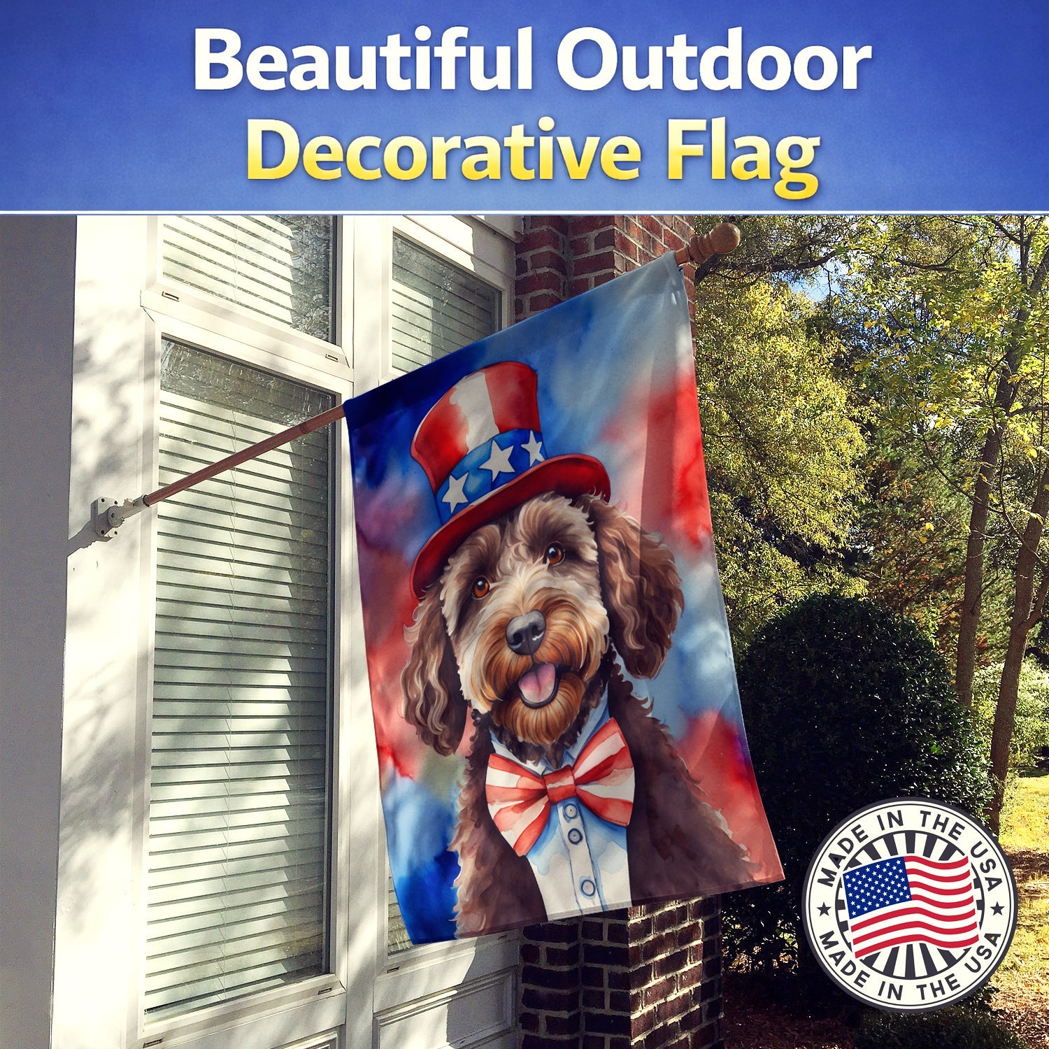 Labradoodle Patriotic American House Flag 28x40 Porch Sleeve Pole Decorative Outside Yard Banner Artwork Wall Hanging, Polyester