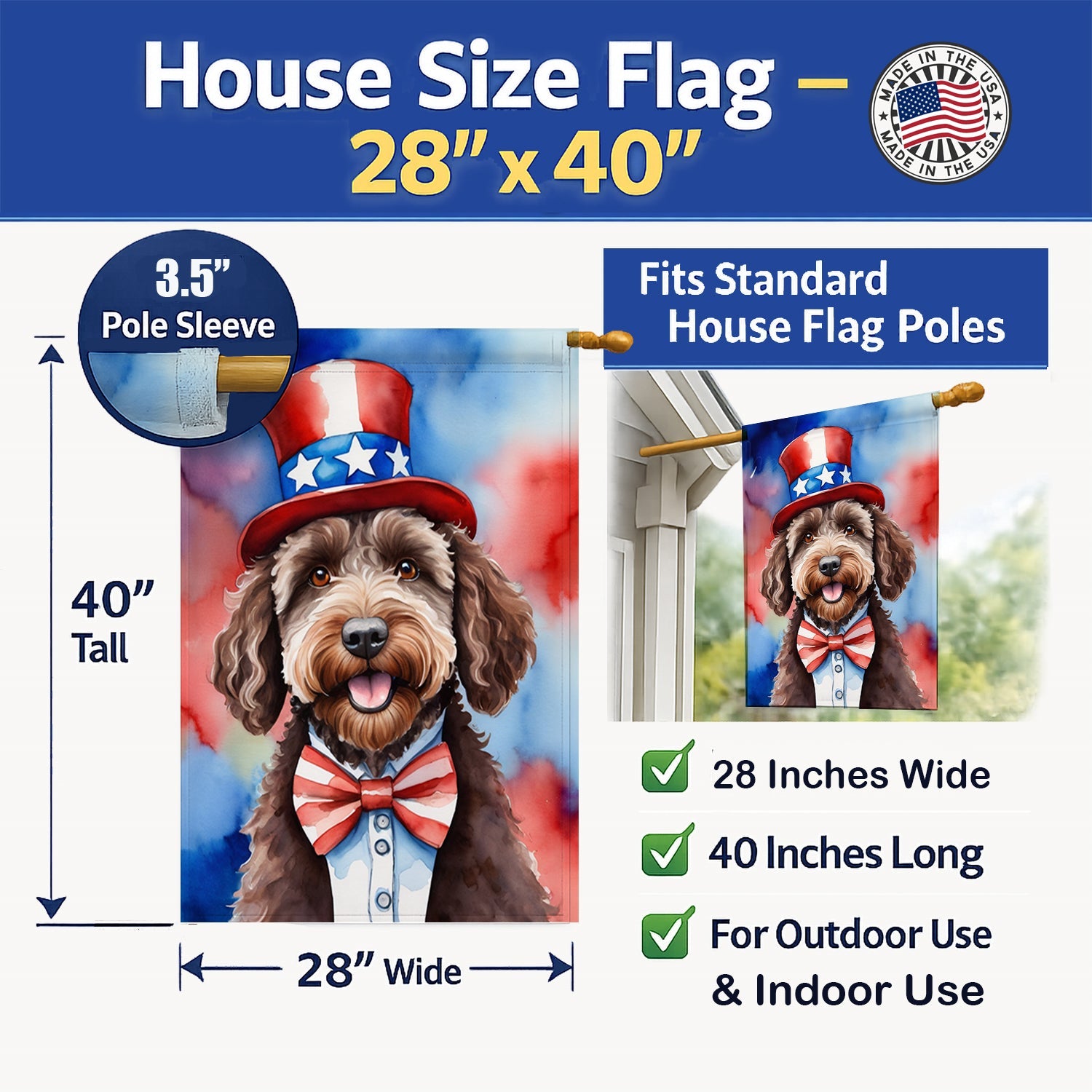 Labradoodle Patriotic American House Flag 28x40 Porch Sleeve Pole Decorative Outside Yard Banner Artwork Wall Hanging, Polyester