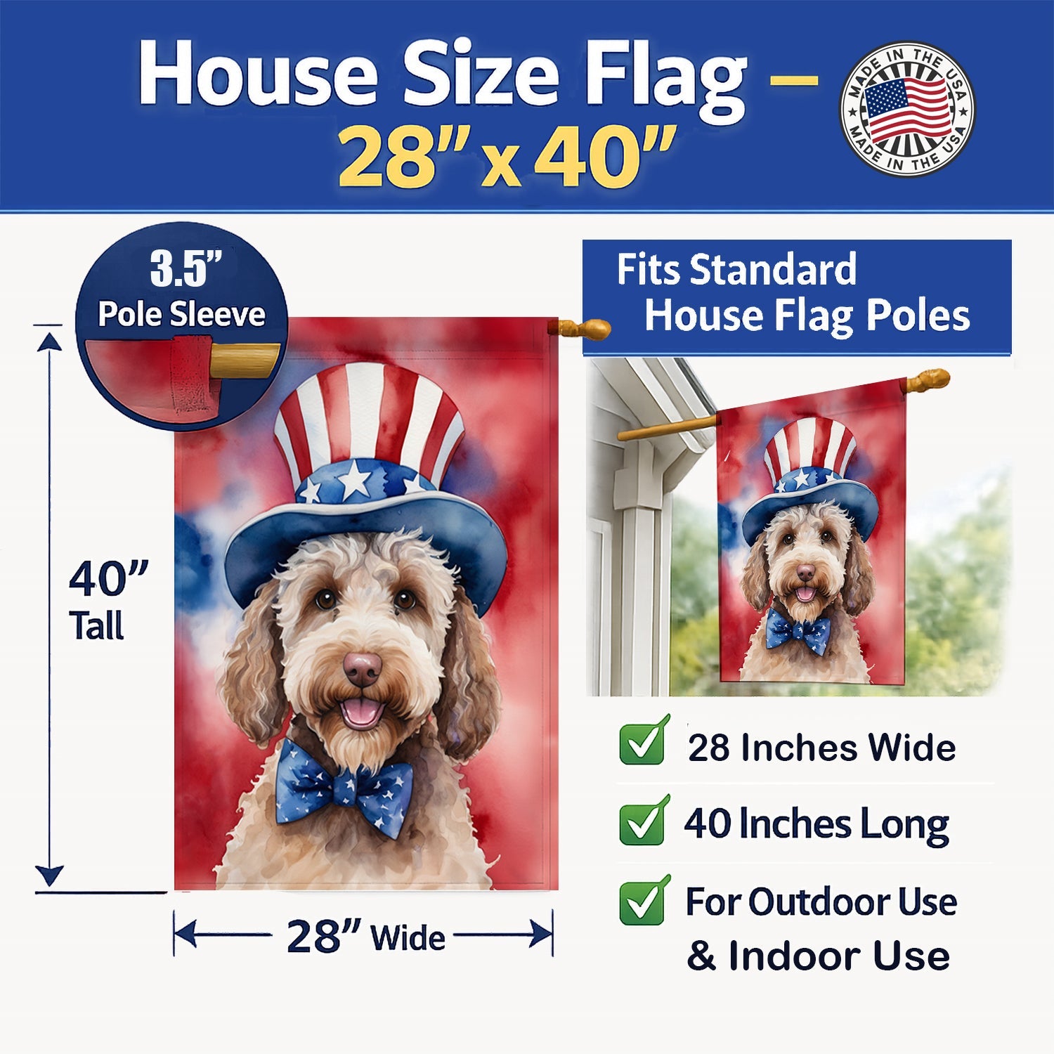 Labradoodle Patriotic American House Flag 28x40 Porch Sleeve Pole Decorative Outside Yard Banner Artwork Wall Hanging, Polyester