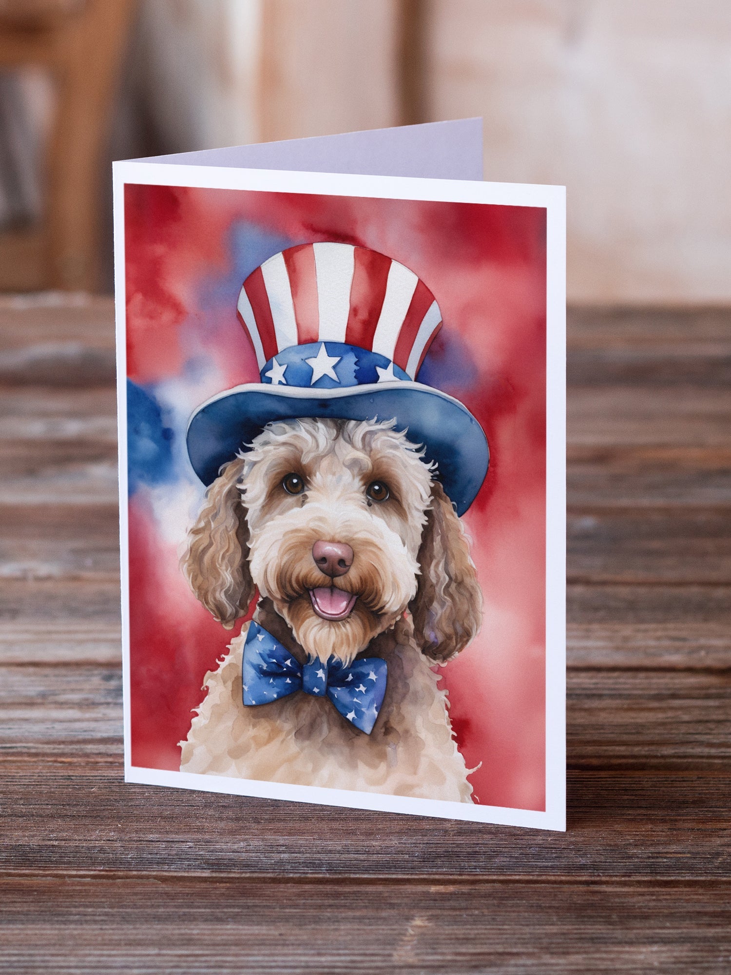 Labradoodle Patriotic American Greeting Cards Pack of 8 Blank Cards with Envelopes Whimsical A7 Size 5x7