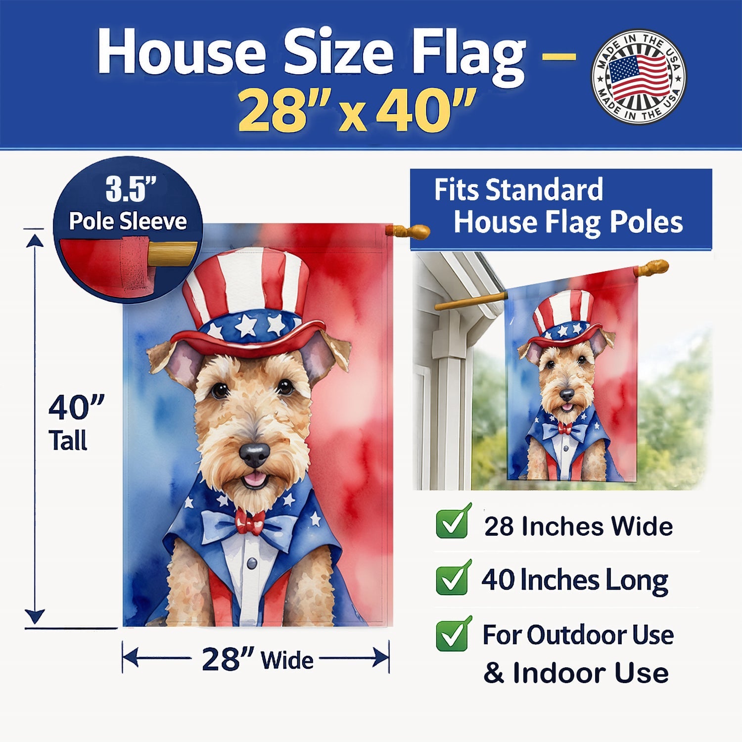 Lakeland Terrier Patriotic American House Flag 28x40 Porch Sleeve Pole Decorative Outside Yard Banner Artwork Wall Hanging, Polyester