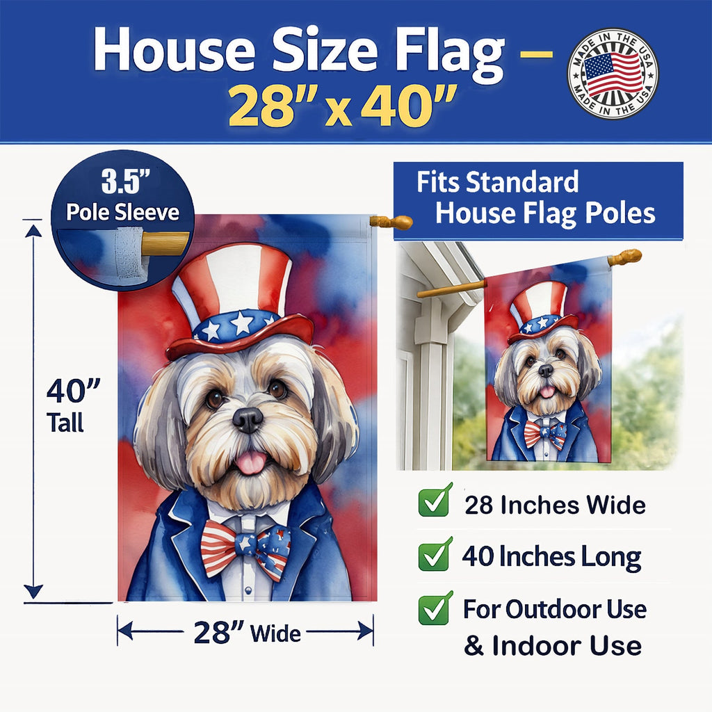 Lhasa Apso Patriotic American House Flag 28x40 Porch Sleeve Pole Decorative Outside Yard Banner Artwork Wall Hanging, Polyester