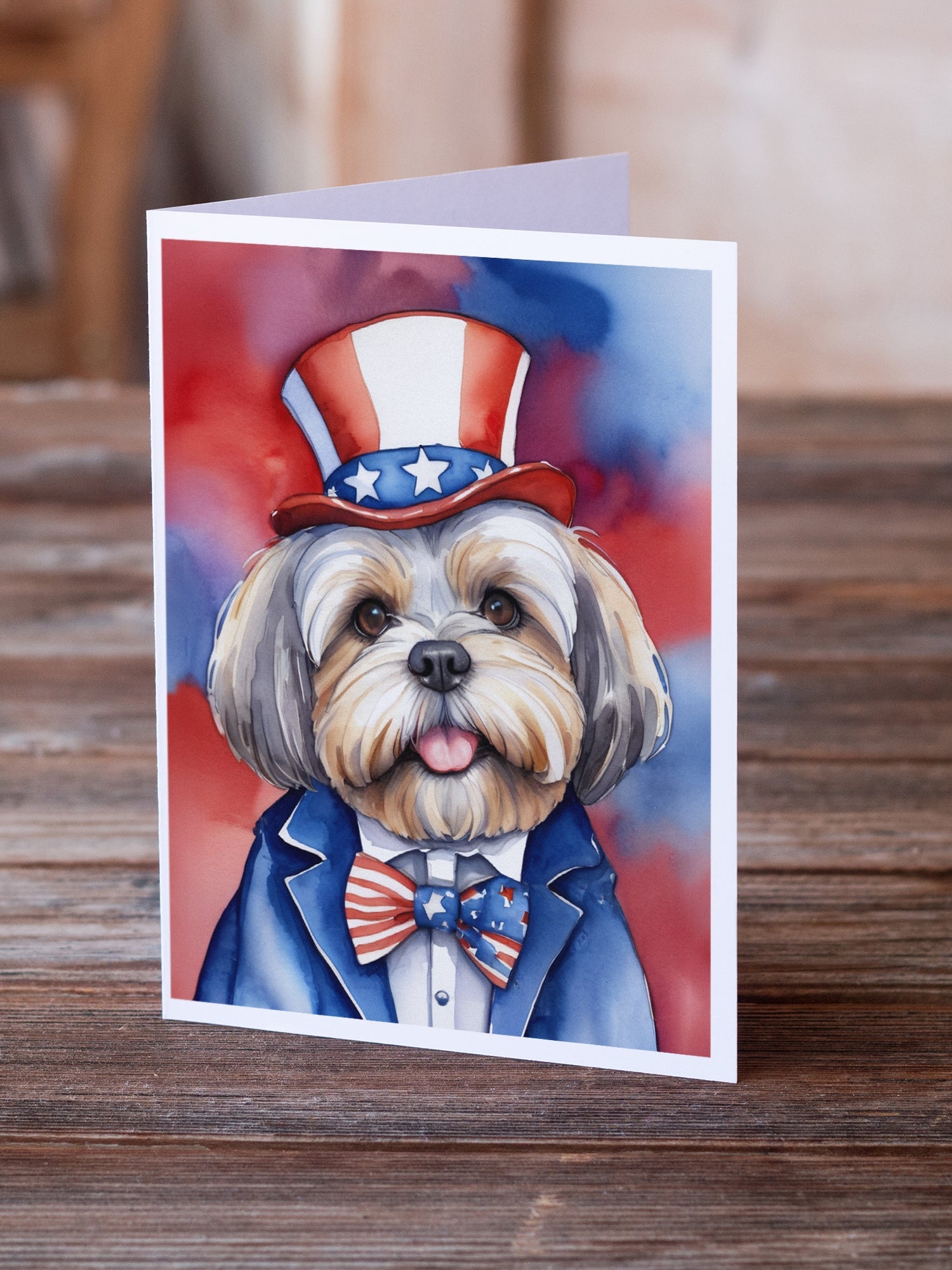 Lhasa Apso Patriotic American Greeting Cards Pack of 8 Blank Cards with Envelopes Whimsical A7 Size 5x7