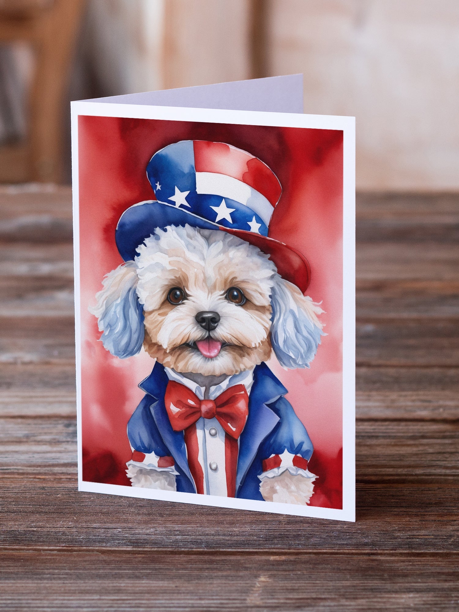 Maltipoo Patriotic American Greeting Cards Pack of 8 Blank Cards with Envelopes Whimsical A7 Size 5x7