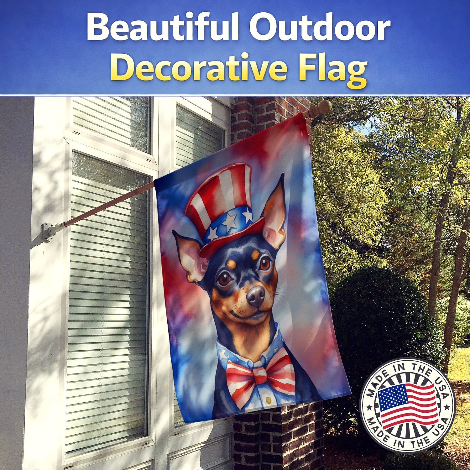 Miniature Pinscher Patriotic American House Flag 28x40 Porch Sleeve Pole Decorative Outside Yard Banner Artwork Wall Hanging, Polyester
