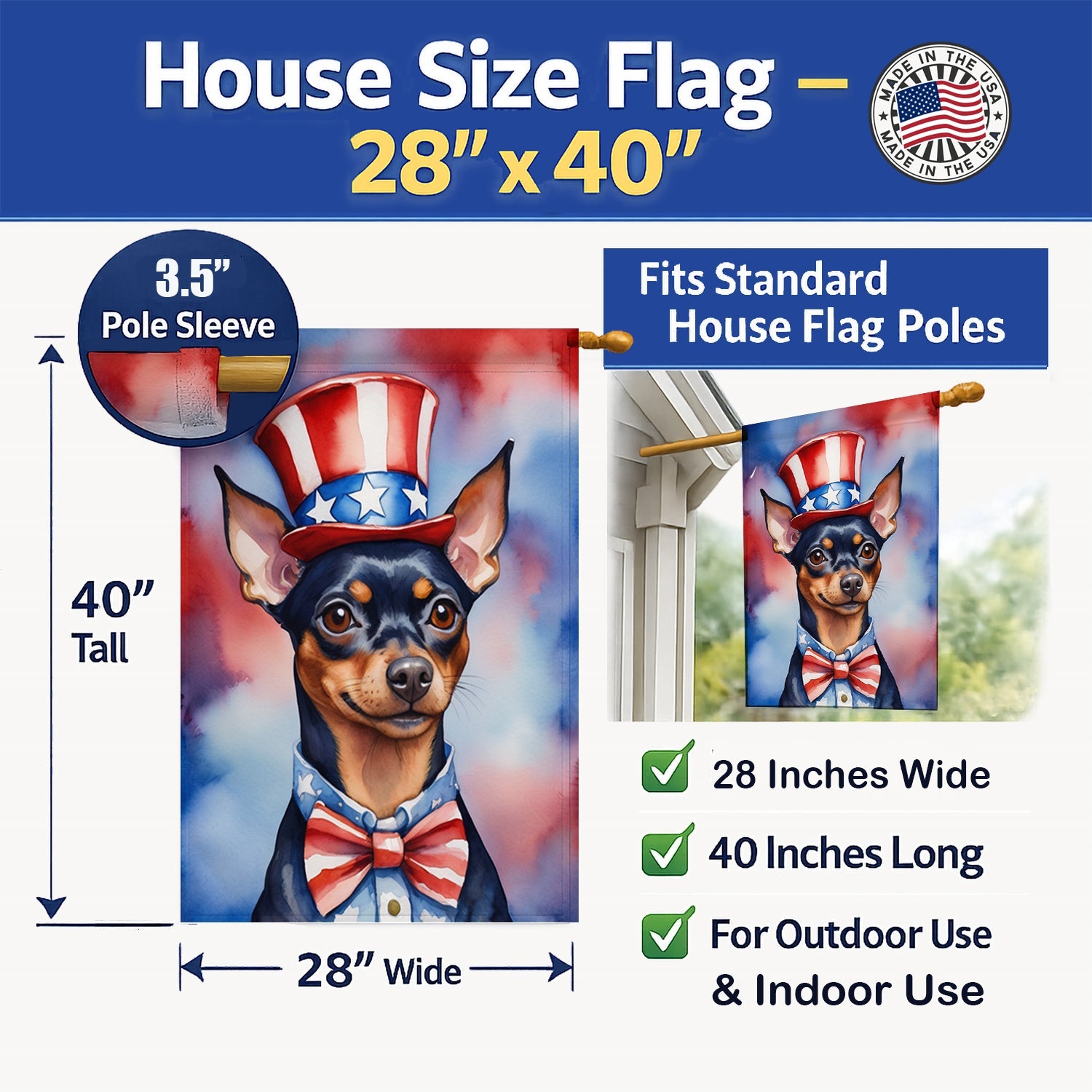 Miniature Pinscher Patriotic American House Flag 28x40 Porch Sleeve Pole Decorative Outside Yard Banner Artwork Wall Hanging, Polyester