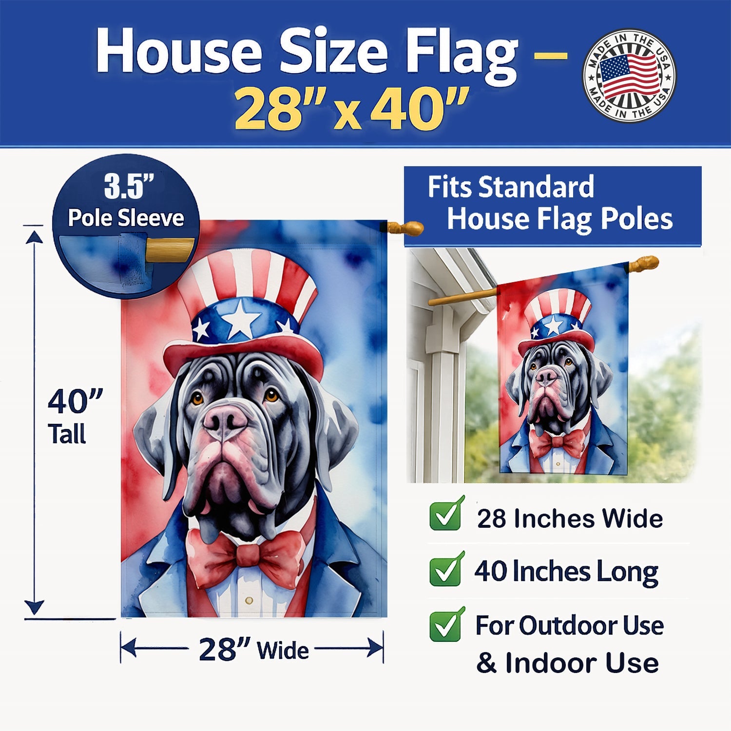 Neapolitan Mastiff Patriotic American House Flag 28x40 Porch Sleeve Pole Decorative Outside Yard Banner Artwork Wall Hanging, Polyester