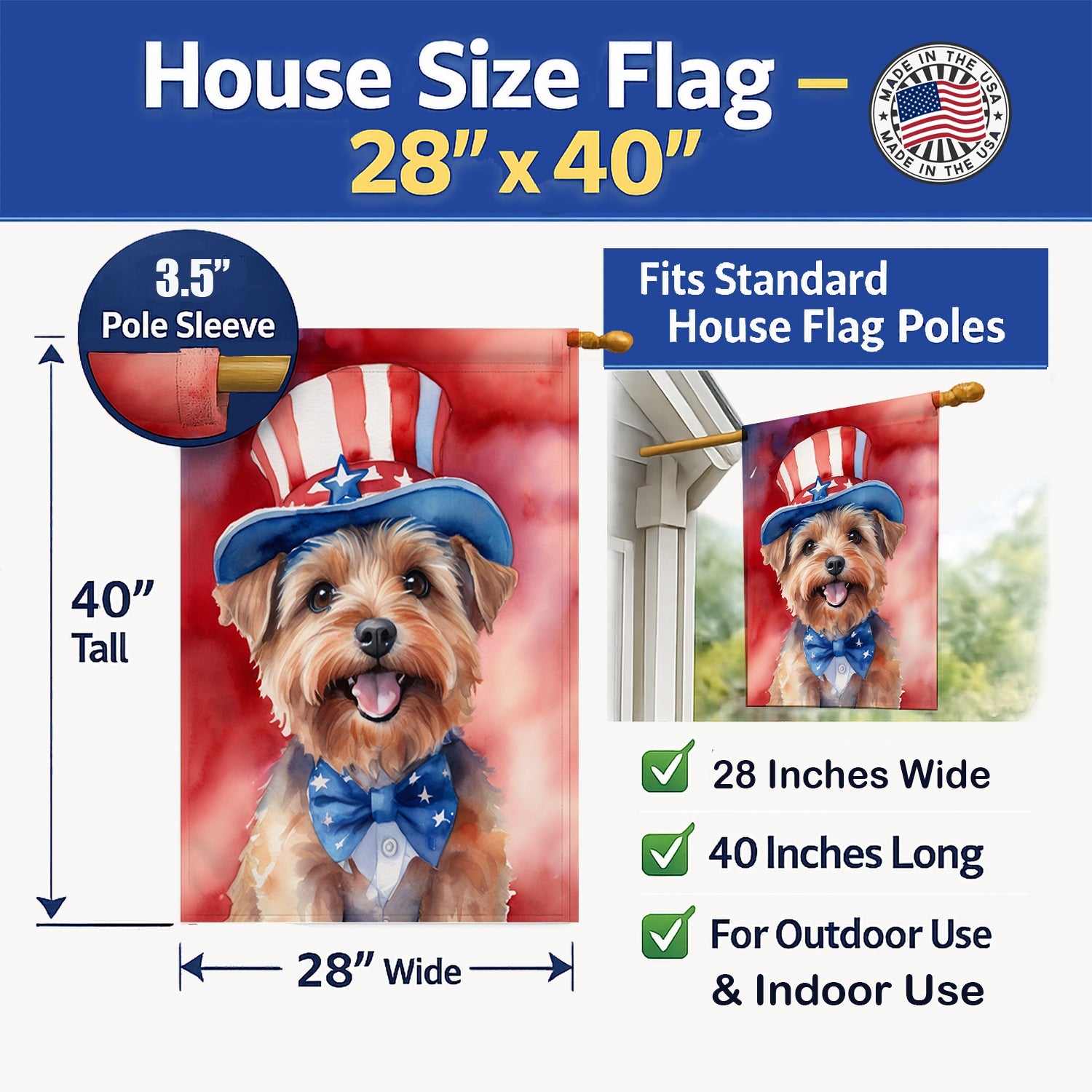 Norfolk Terrier Patriotic American House Flag 28x40 Porch Sleeve Pole Decorative Outside Yard Banner Artwork Wall Hanging, Polyester