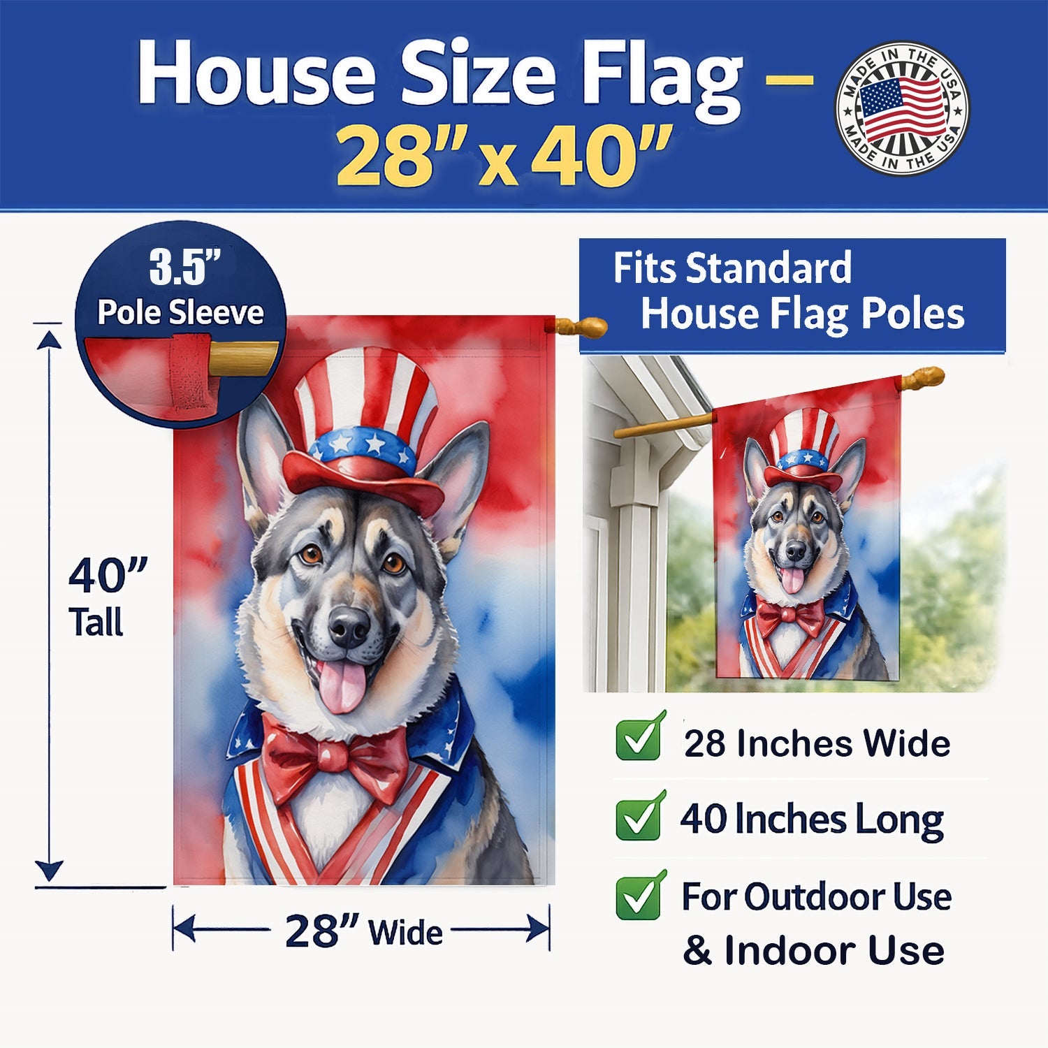 Norwegian Elkhound Patriotic American House Flag 28x40 Porch Sleeve Pole Decorative Outside Yard Banner Artwork Wall Hanging, Polyester