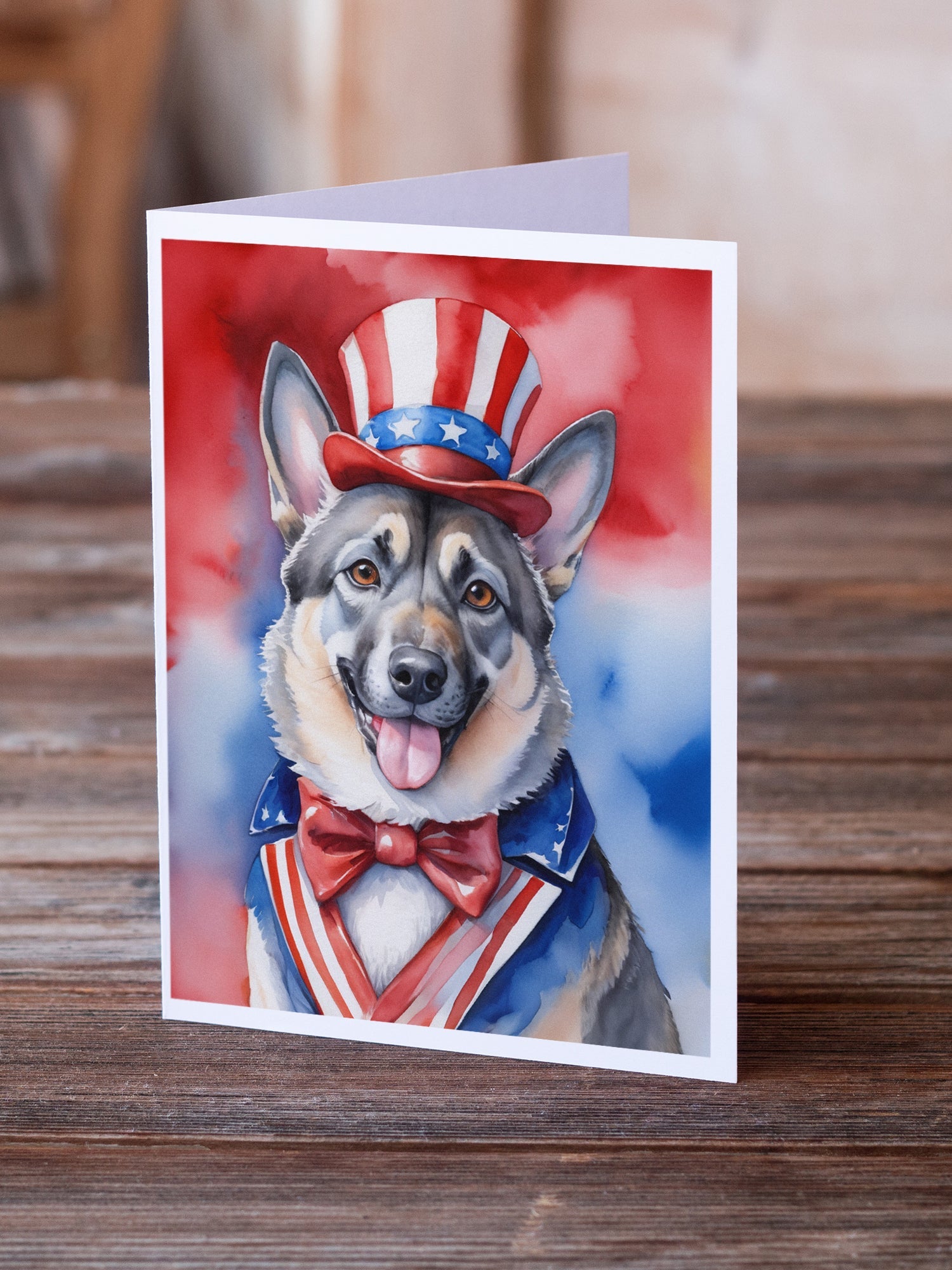 Norwegian Elkhound Patriotic American Greeting Cards Pack of 8 Blank Cards with Envelopes Whimsical A7 Size 5x7