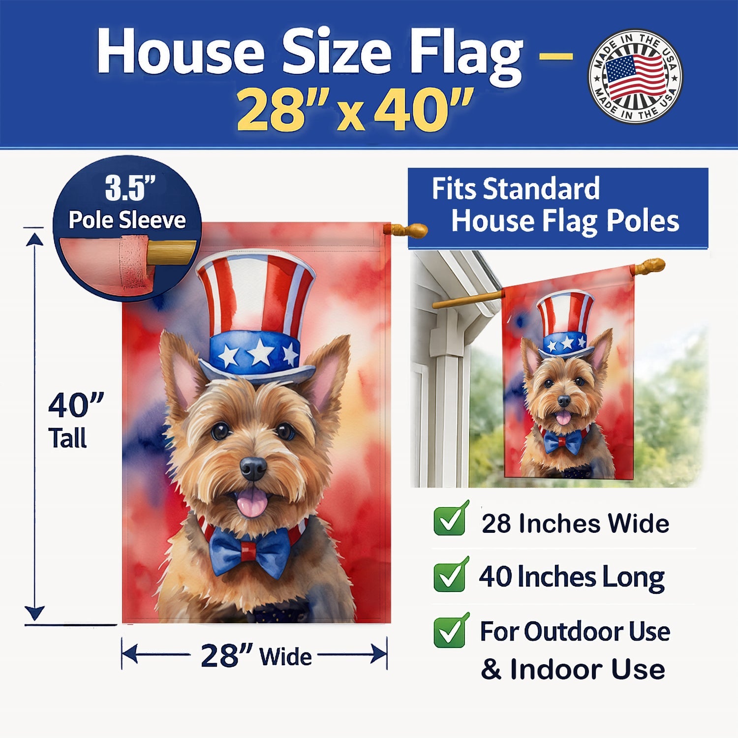 Norwich Terrier Patriotic American House Flag 28x40 Porch Sleeve Pole Decorative Outside Yard Banner Artwork Wall Hanging, Polyester