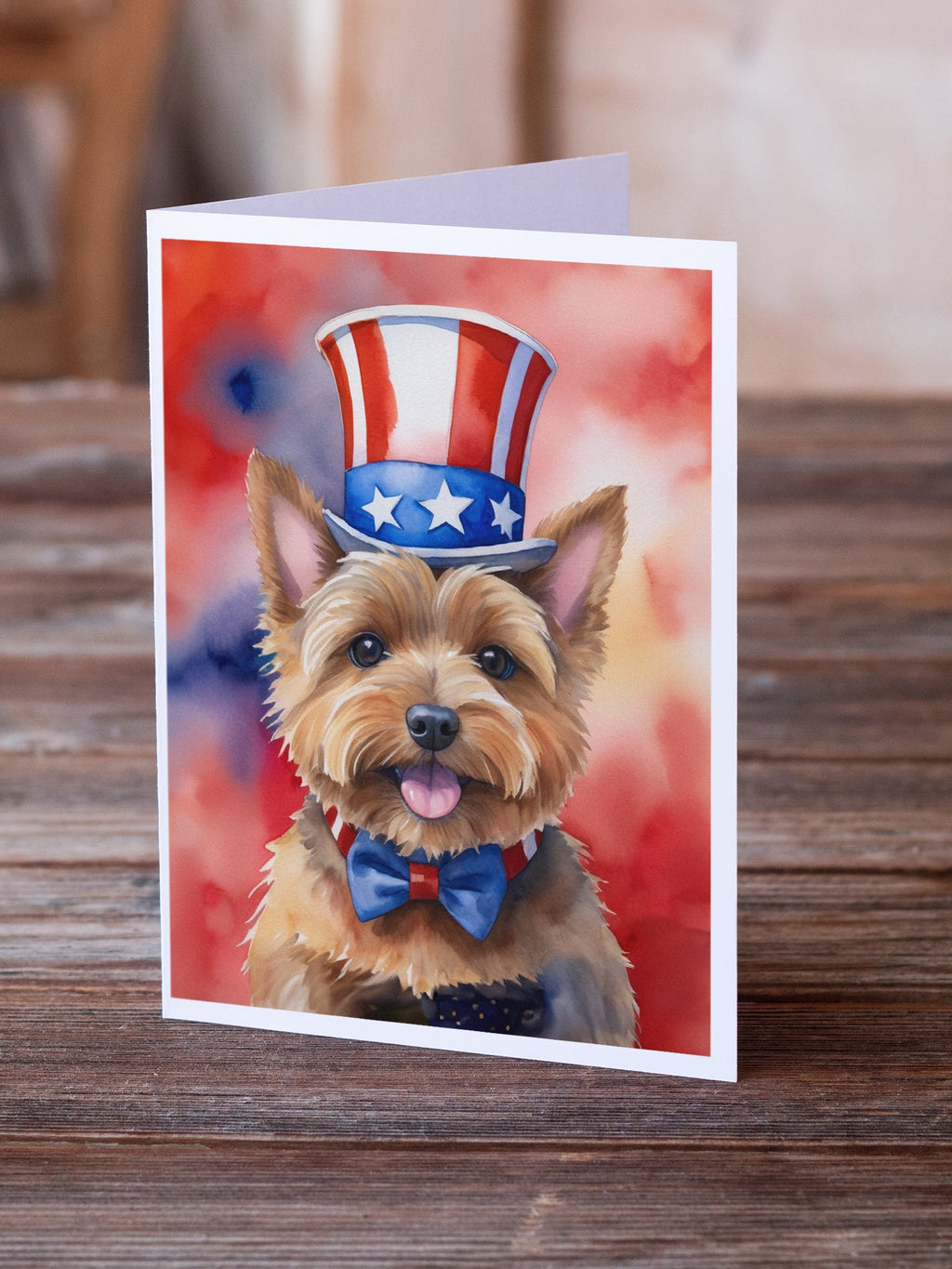 Norwich Terrier Patriotic American Greeting Cards Pack of 8 Blank Cards with Envelopes Whimsical A7 Size 5x7