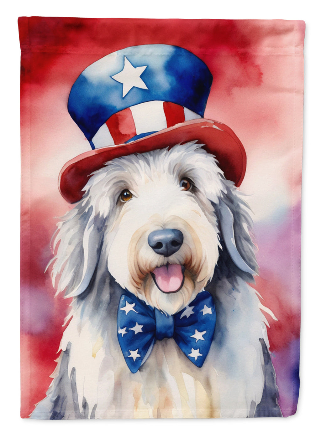 Old English Sheepdog Patriotic American House Flag 28x40 Porch Sleeve Pole Decorative Outside Yard Banner Artwork Wall Hanging, Polyester