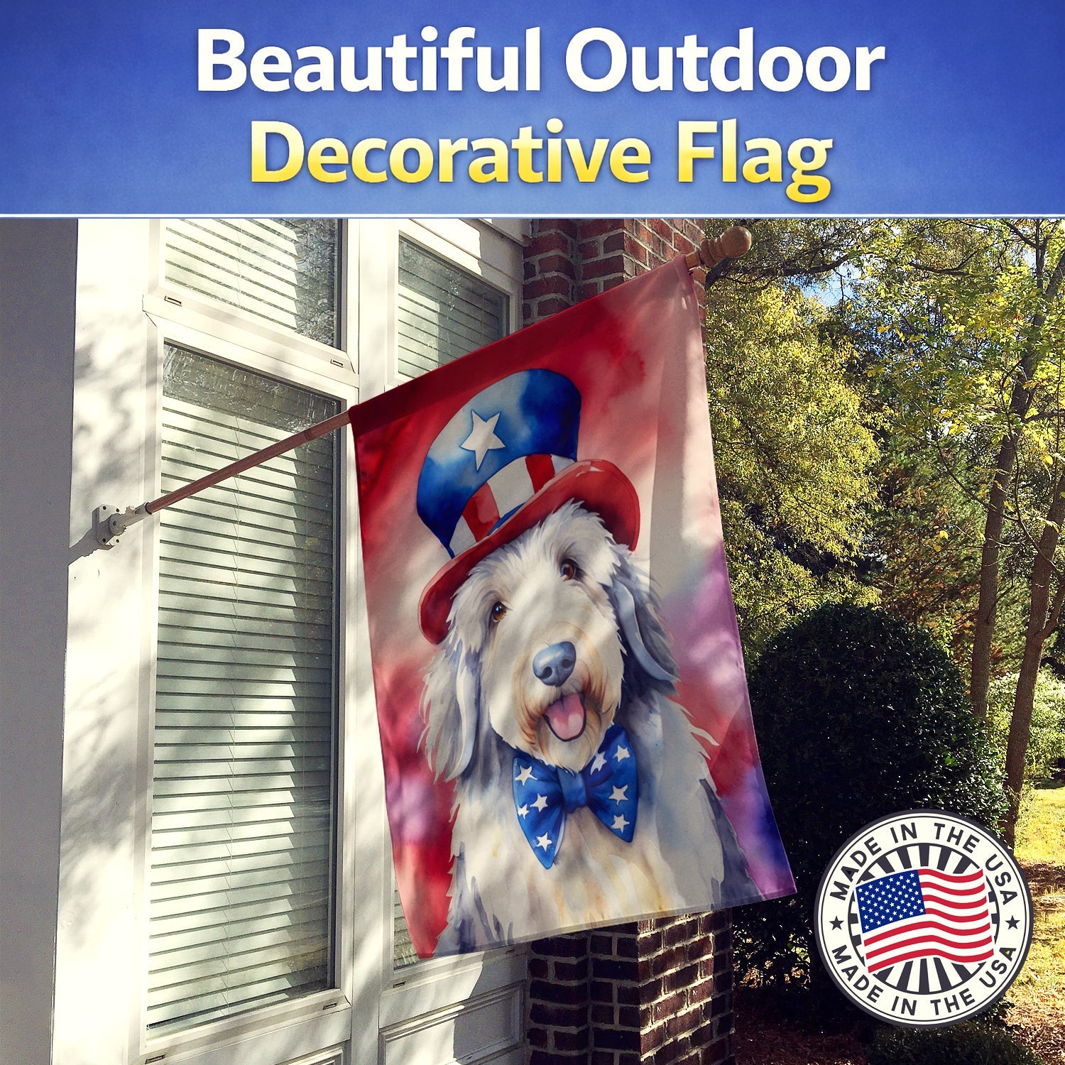 Old English Sheepdog Patriotic American House Flag 28x40 Porch Sleeve Pole Decorative Outside Yard Banner Artwork Wall Hanging, Polyester