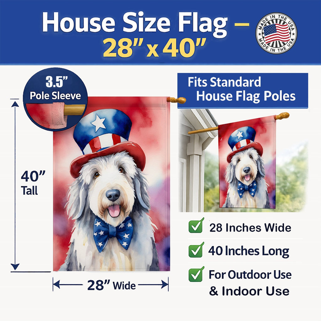 Old English Sheepdog Patriotic American House Flag 28x40 Porch Sleeve Pole Decorative Outside Yard Banner Artwork Wall Hanging, Polyester
