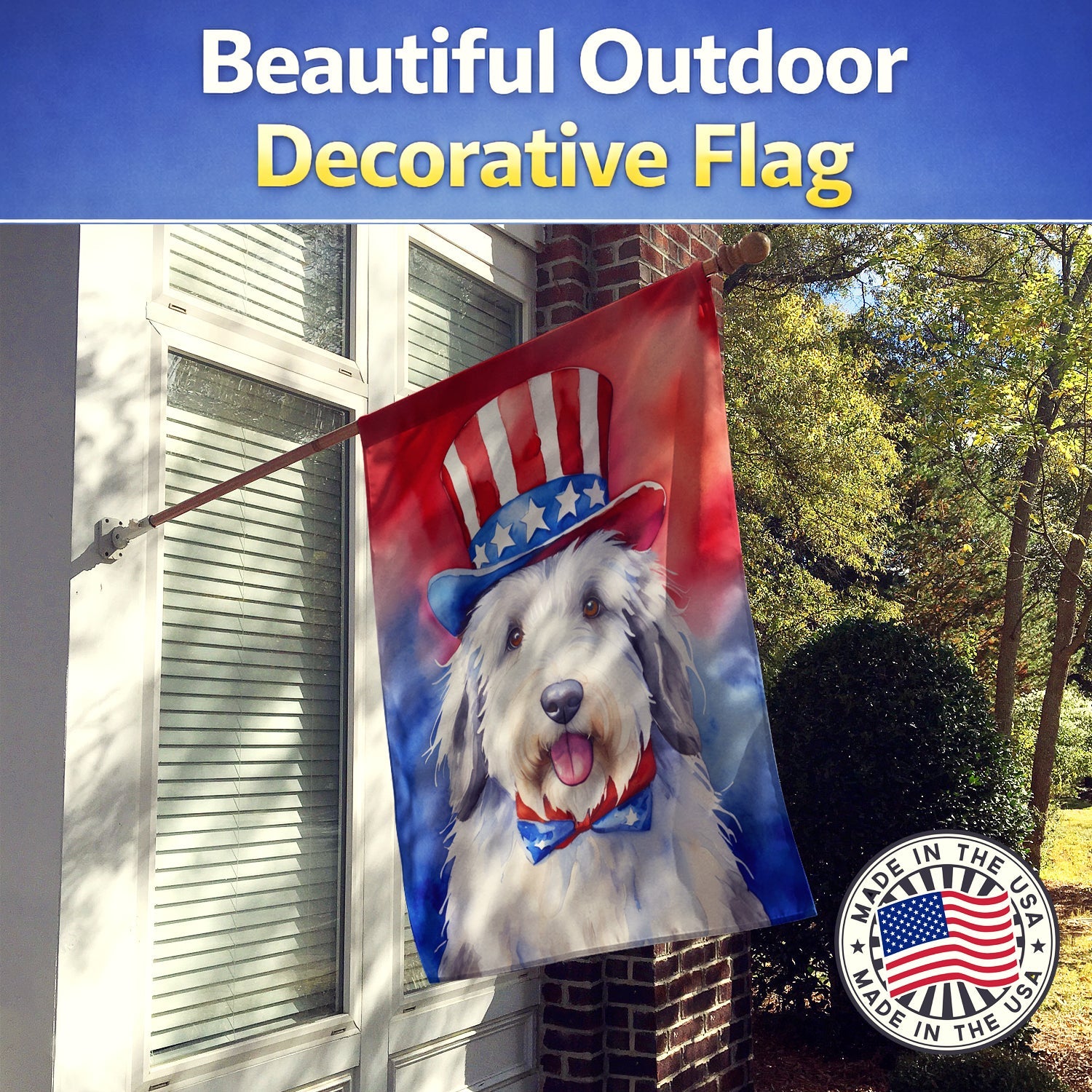Old English Sheepdog Patriotic American House Flag 28x40 Porch Sleeve Pole Decorative Outside Yard Banner Artwork Wall Hanging, Polyester
