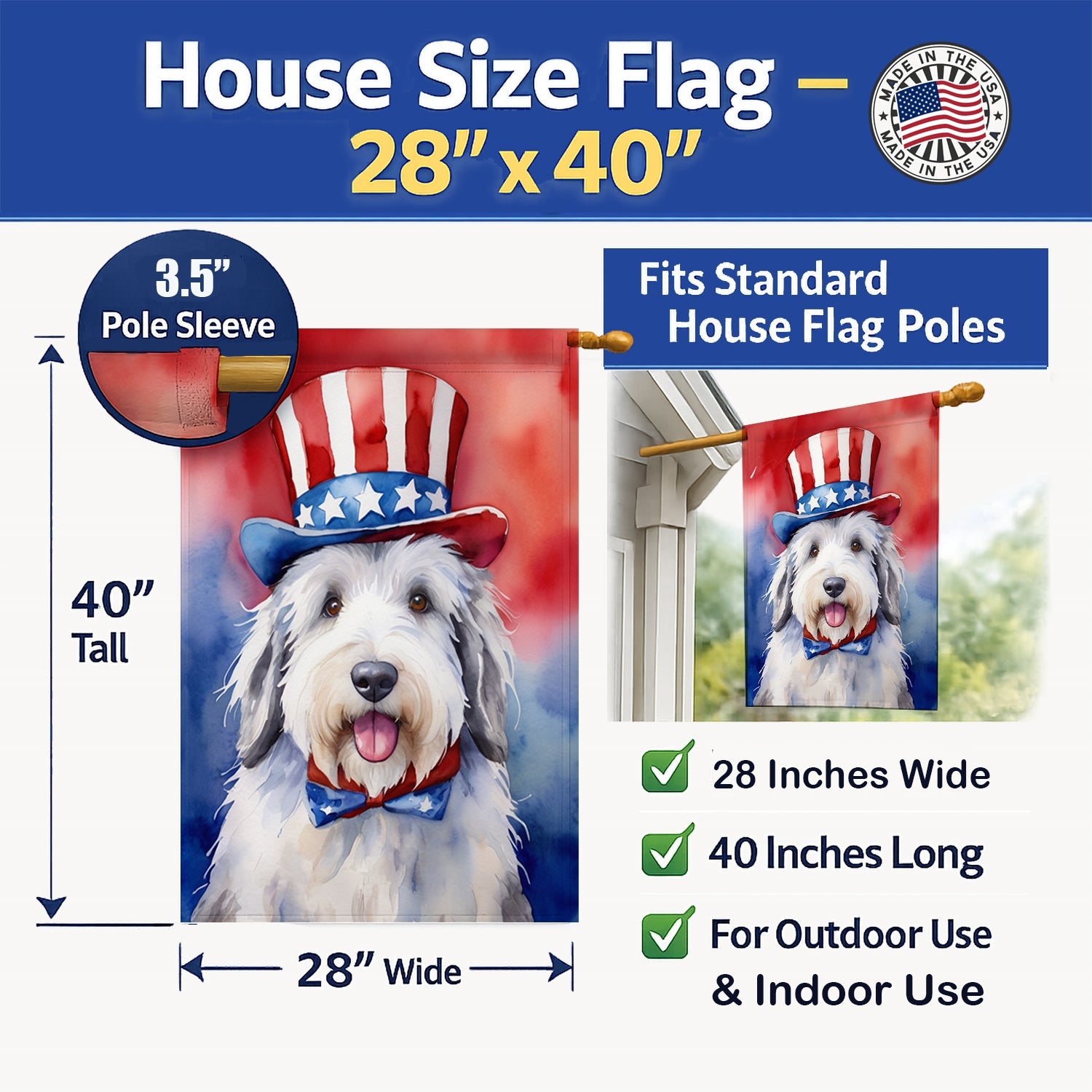 Old English Sheepdog Patriotic American House Flag 28x40 Porch Sleeve Pole Decorative Outside Yard Banner Artwork Wall Hanging, Polyester