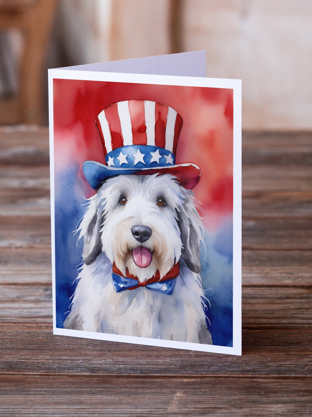Old English Sheepdog Patriotic American Greeting Cards Pack of 8 Blank Cards with Envelopes Whimsical A7 Size 5x7