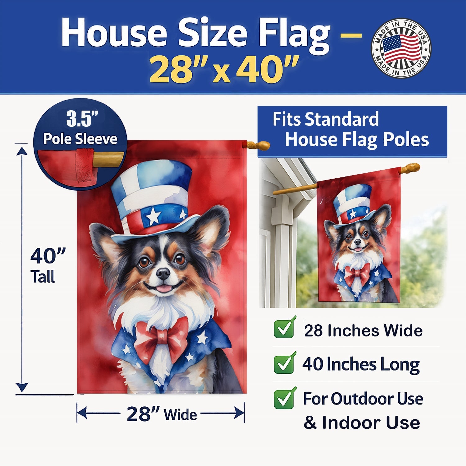 Papillon Patriotic American House Flag 28x40 Porch Sleeve Pole Decorative Outside Yard Banner Artwork Wall Hanging, Polyester