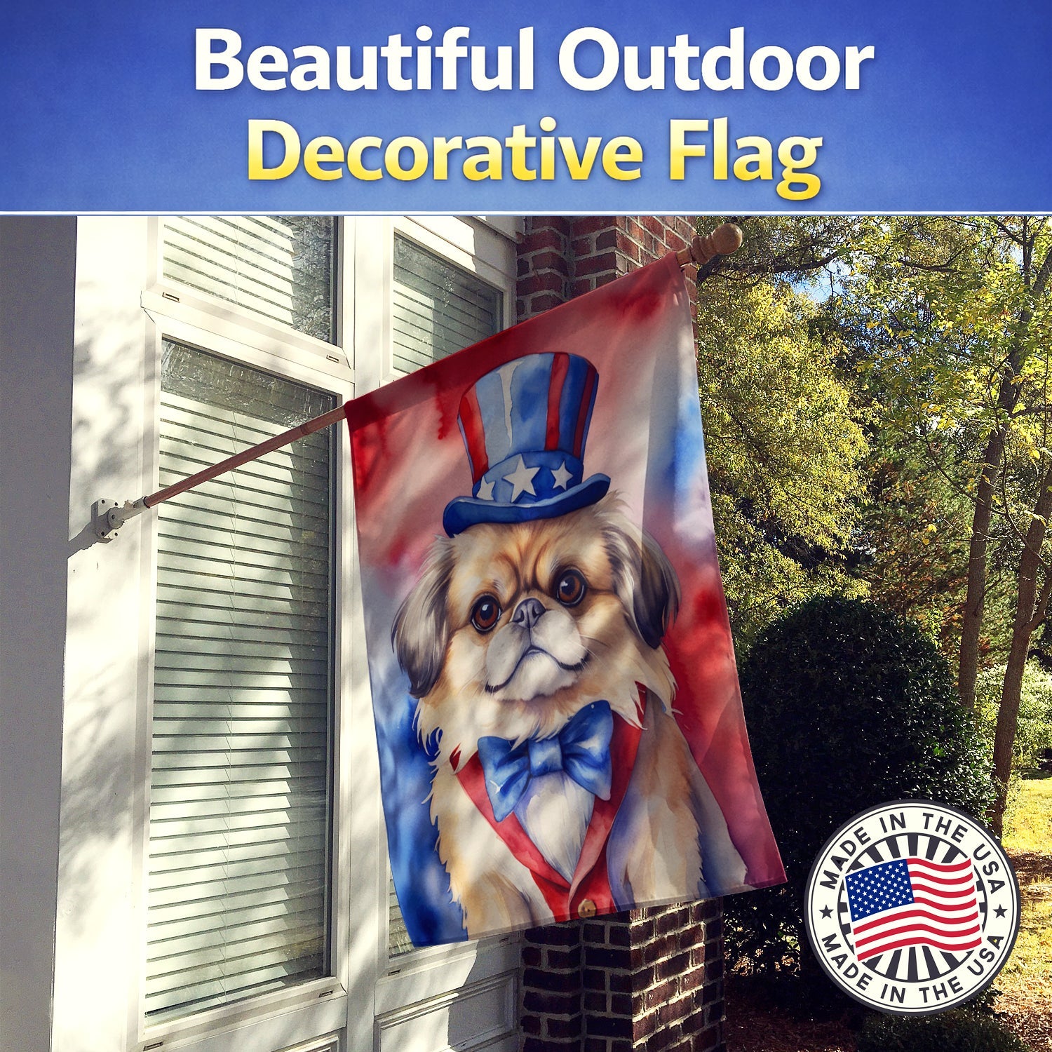 Pekingese Patriotic American House Flag 28x40 Porch Sleeve Pole Decorative Outside Yard Banner Artwork Wall Hanging, Polyester