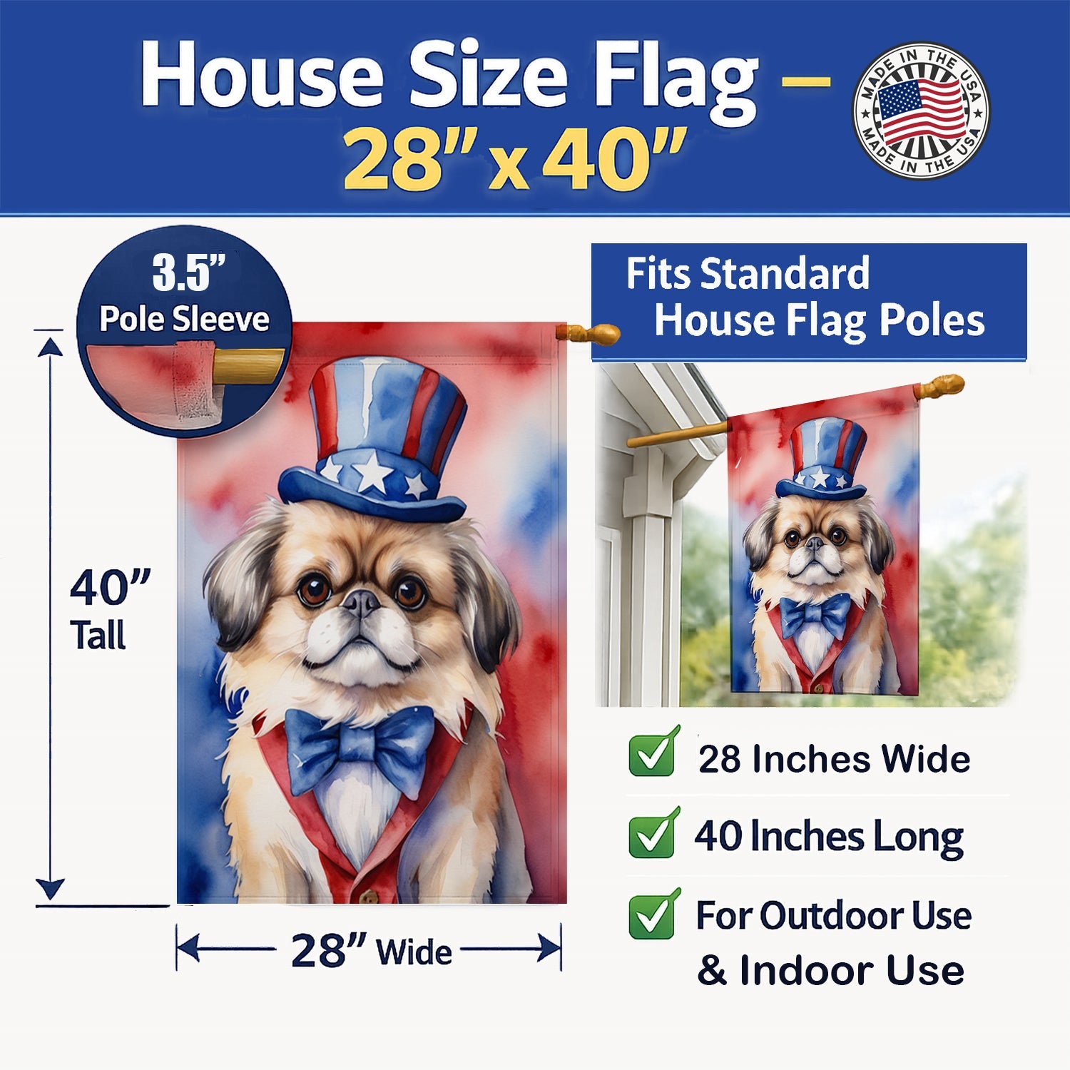 Pekingese Patriotic American House Flag 28x40 Porch Sleeve Pole Decorative Outside Yard Banner Artwork Wall Hanging, Polyester