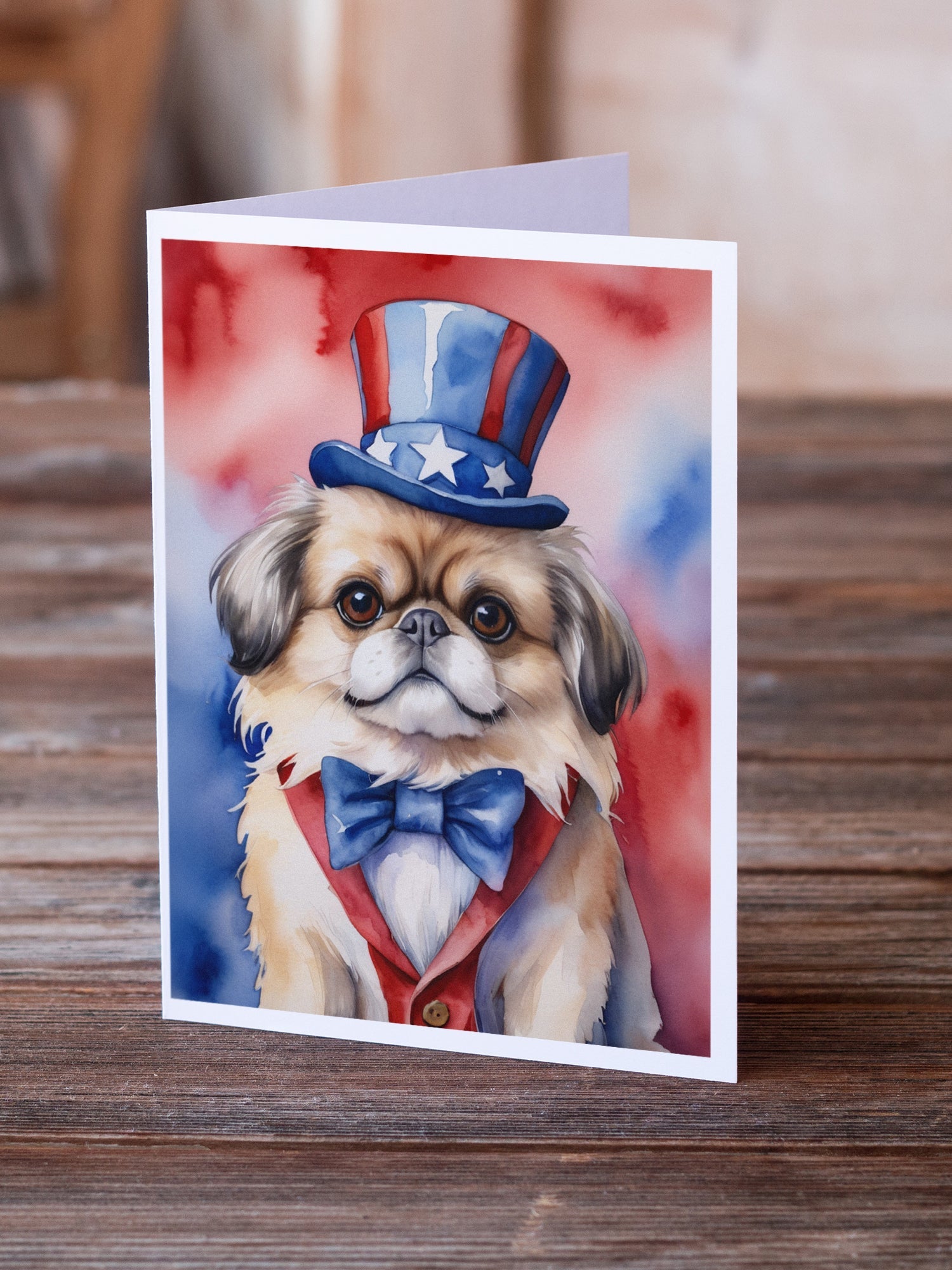 Pekingese Patriotic American Greeting Cards Pack of 8 Blank Cards with Envelopes Whimsical A7 Size 5x7