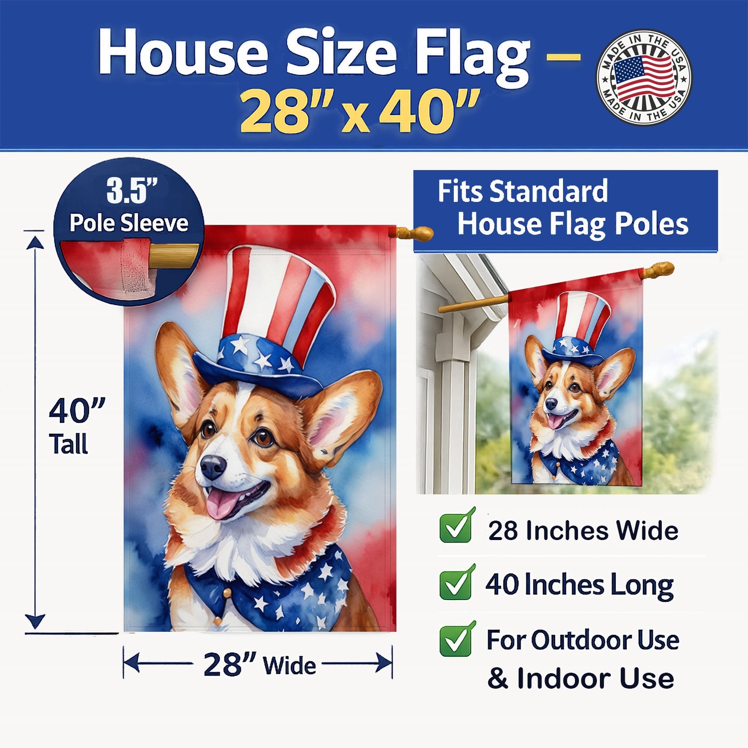 Corgi Patriotic American House Flag 28x40 Porch Sleeve Pole Decorative Outside Yard Banner Artwork Wall Hanging, Polyester