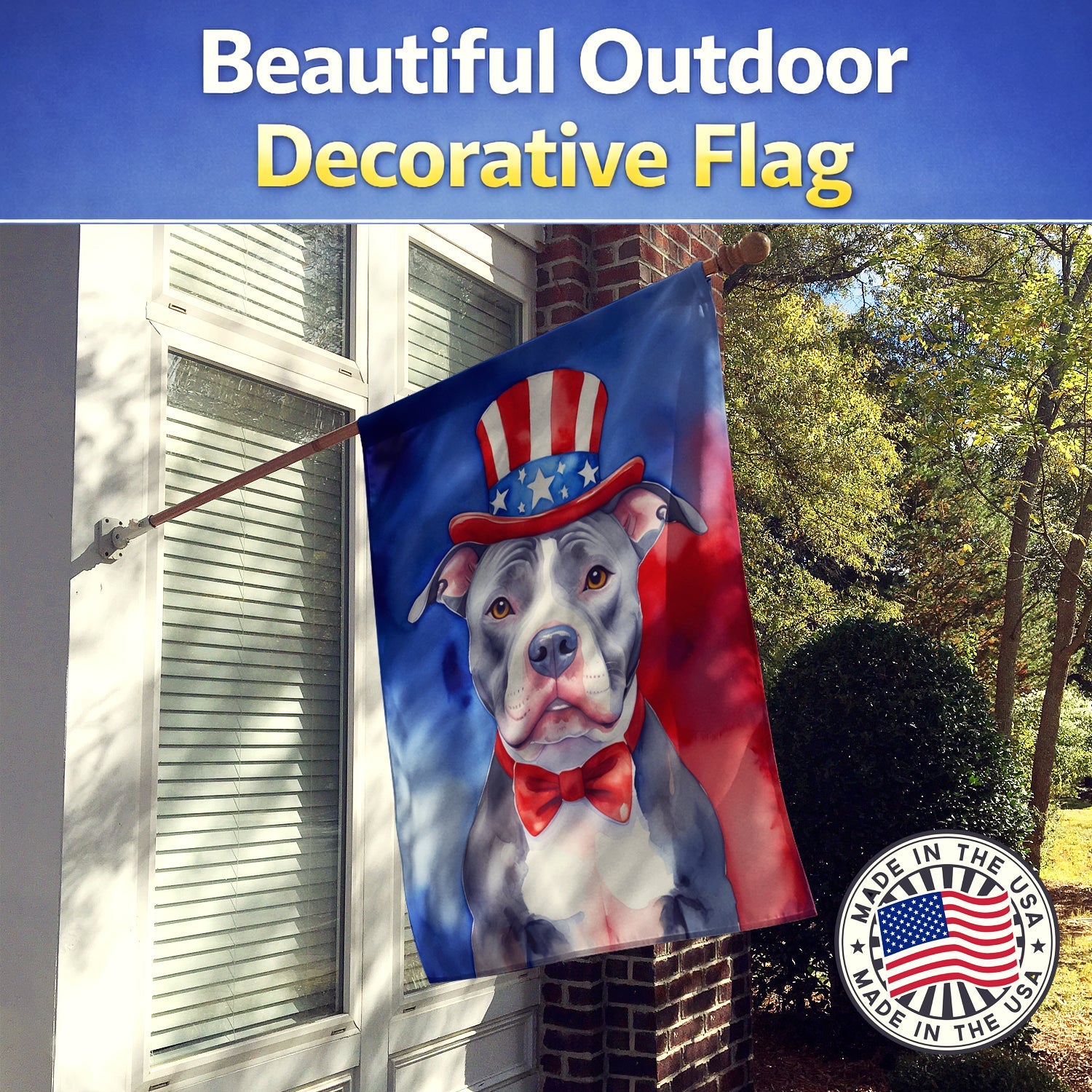 Pit Bull Terrier Patriotic American House Flag 28x40 Porch Sleeve Pole Decorative Outside Yard Banner Artwork Wall Hanging, Polyester